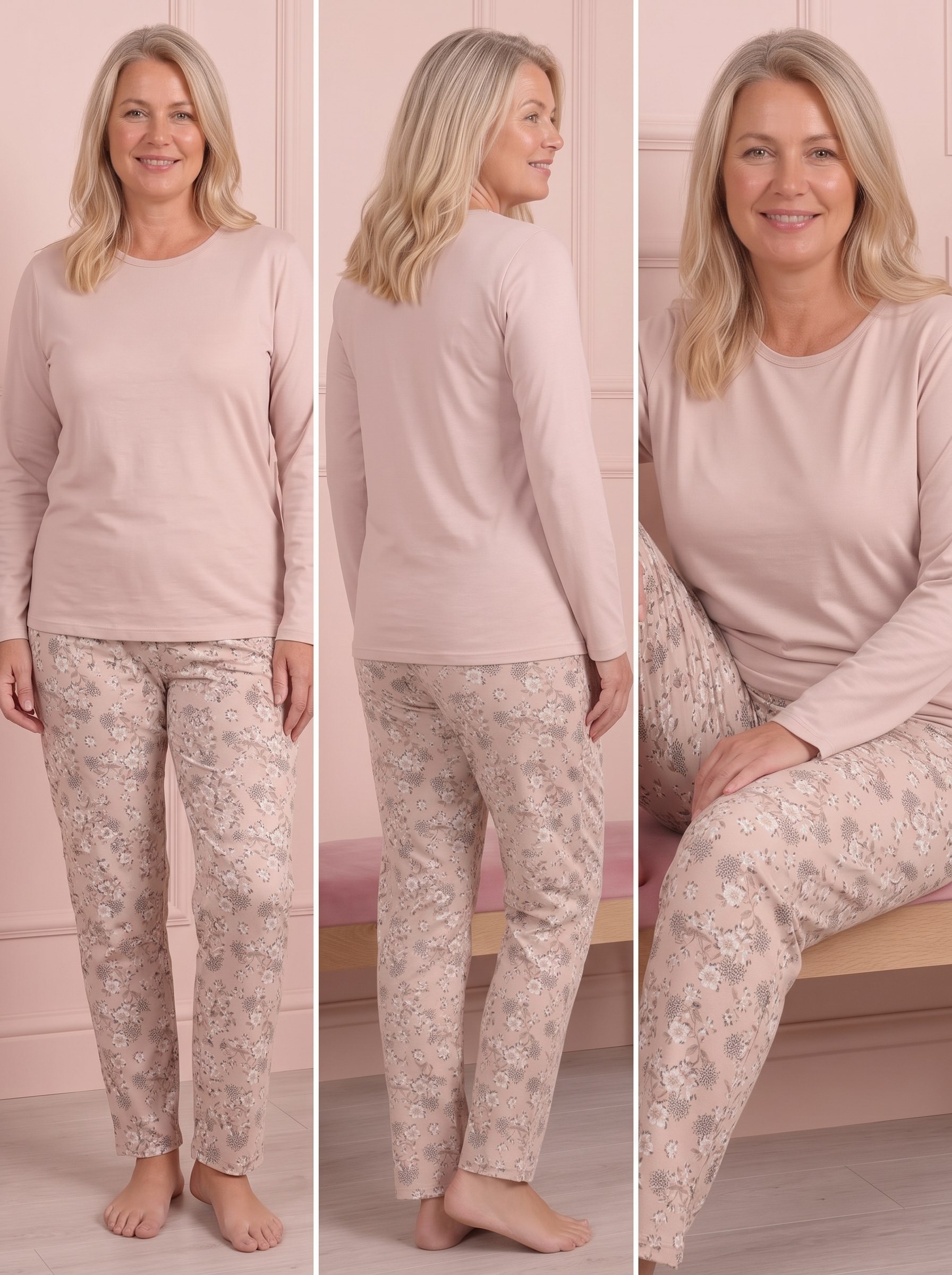 Kadın Altı Çiçek Desenli Bisiklet Yaka Uzun Kol Altı Uzun Viskon Pijama Takımı