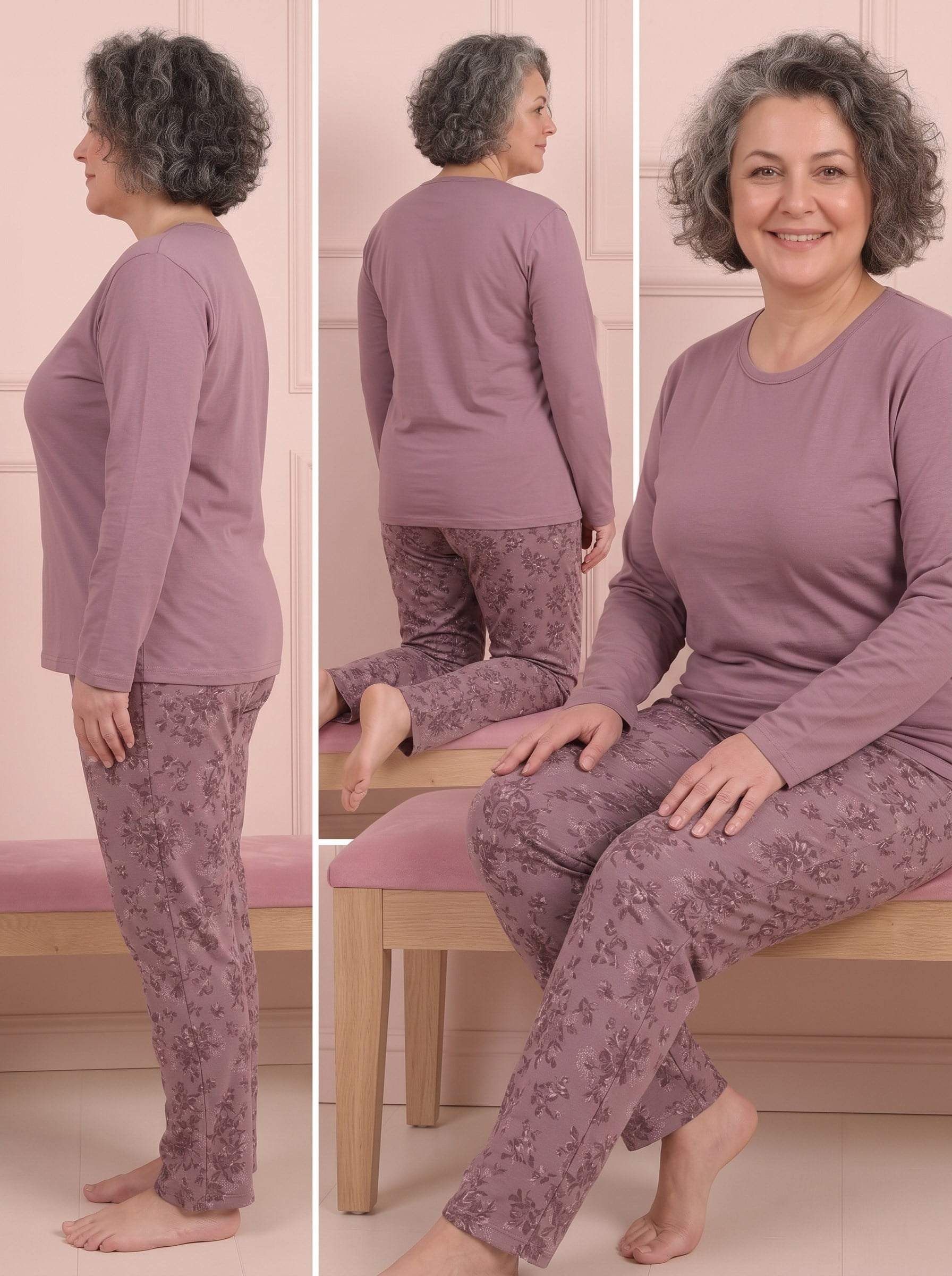 Kadın Altı Çiçek Desenli Bisiklet Yaka Uzun Kol Altı Uzun Viskon Pijama Takımı