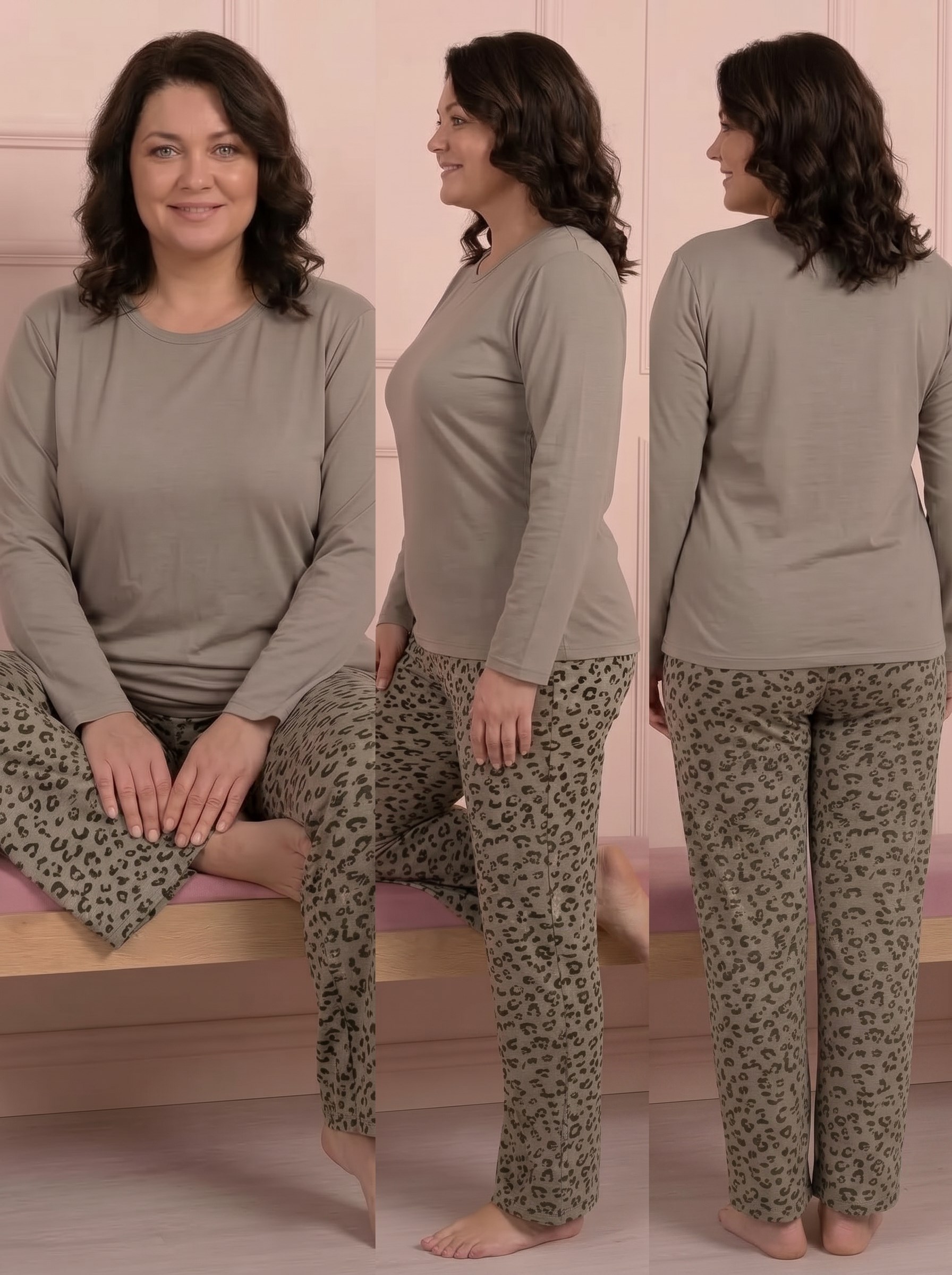 Kadın Altı Leopar Desenli Bisiklet Yaka Uzun Kol Altı Uzun Viskon Pijama Takımı