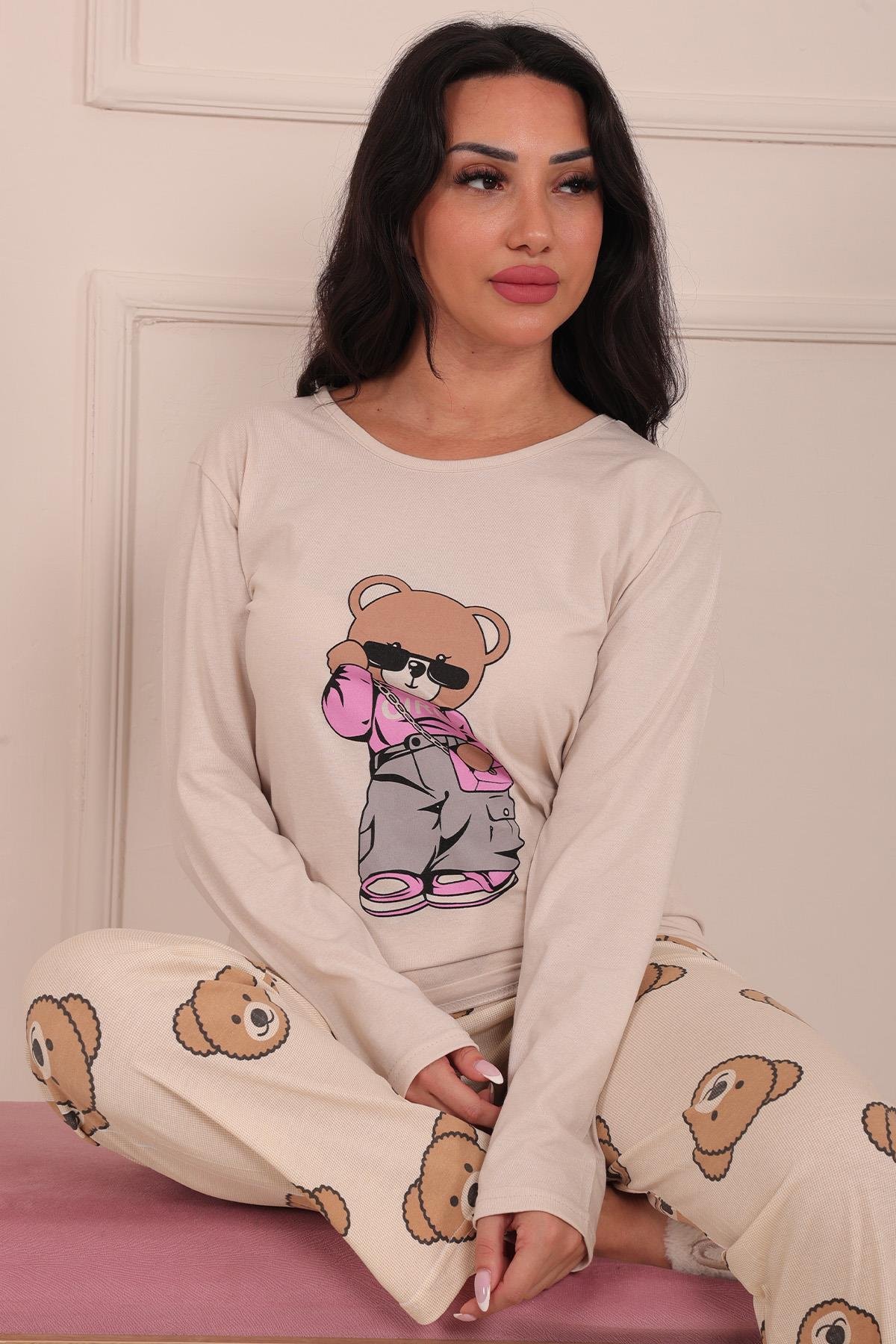 Kadın Ayıcık Desenli ve Baskılı Bisiklet Yaka Uzun Kol Altı Uzun Penye Pijama Takımı
