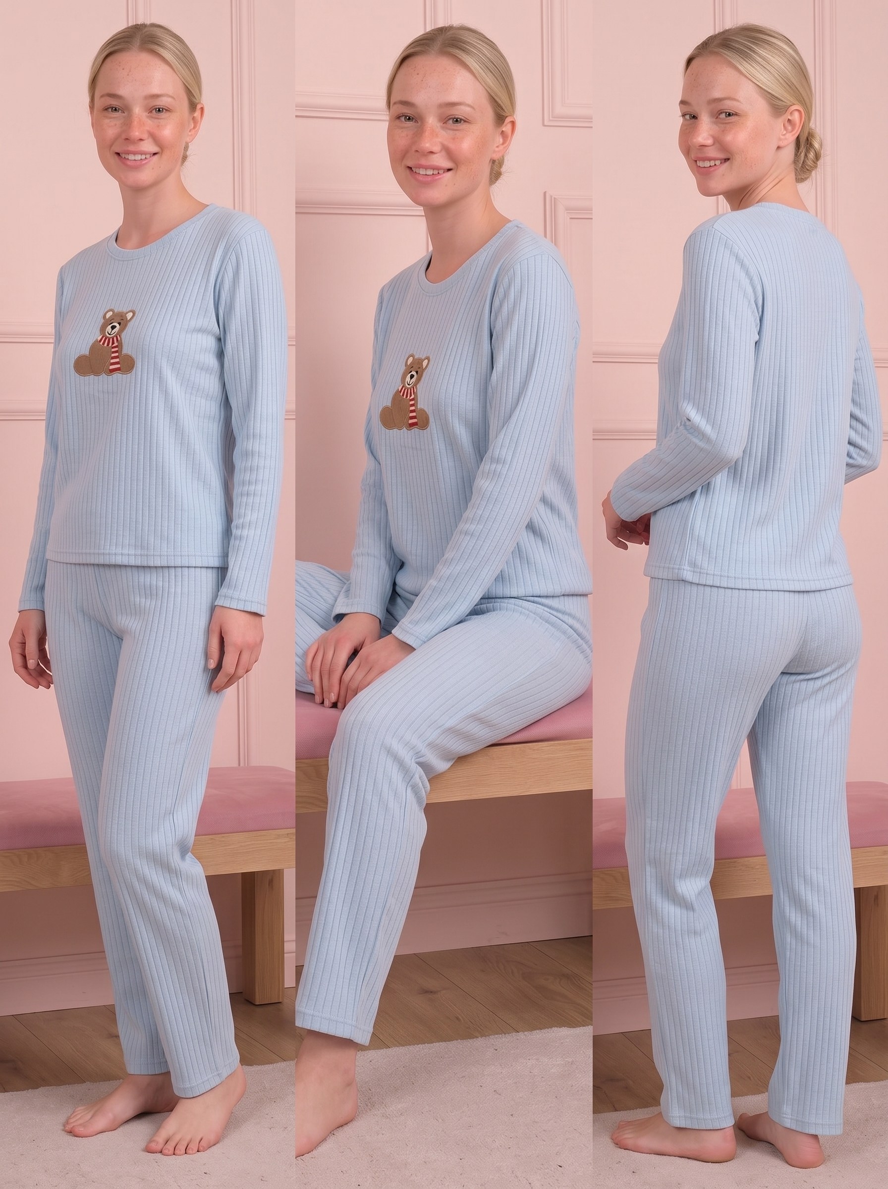 Kadın Ayıcık İşlemeli Bisiklet Yaka Uzun Kol Altı Uzun Pamuklu Fitilli Pijama Takımı