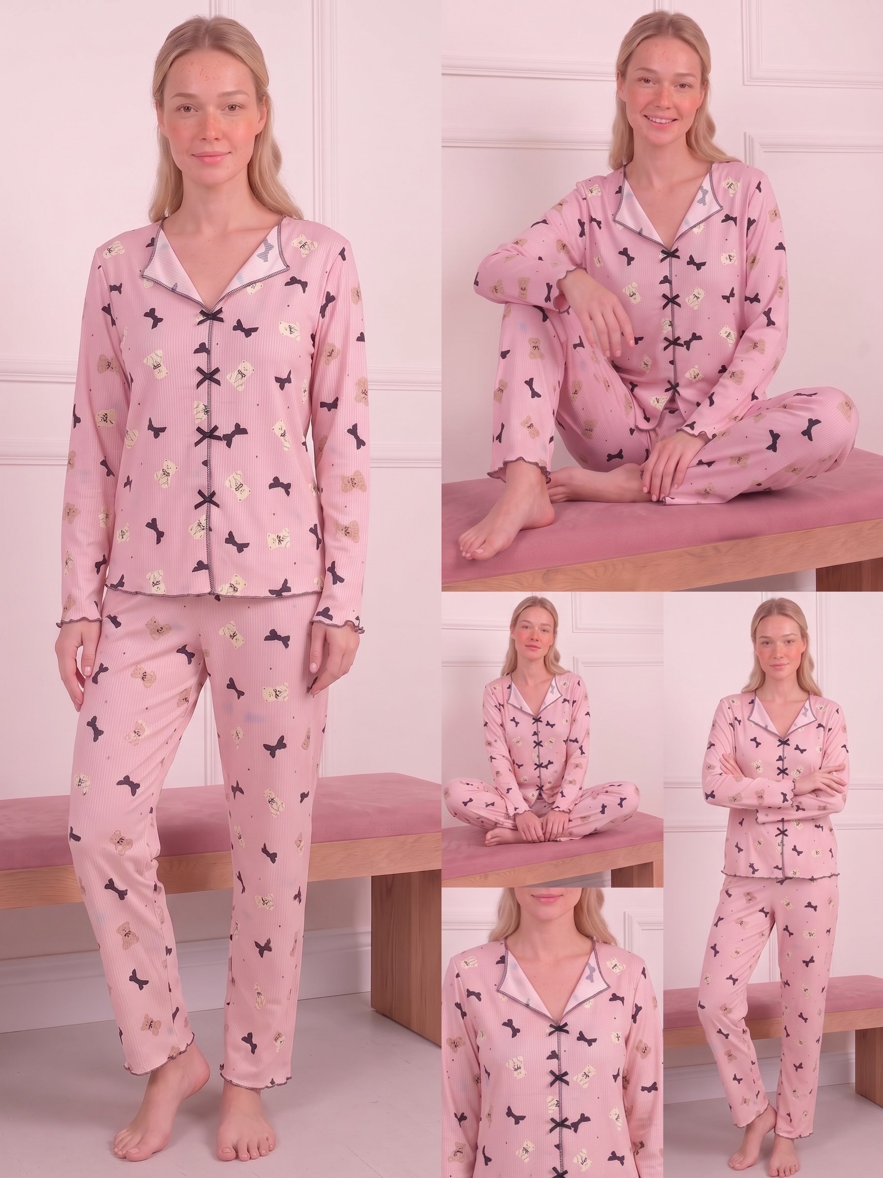 Kadın Ayıcık ve Kurdele Desenli Yarasa Yaka Uzun Kol Altı Uzun Kaşkorse Pijama Takımı