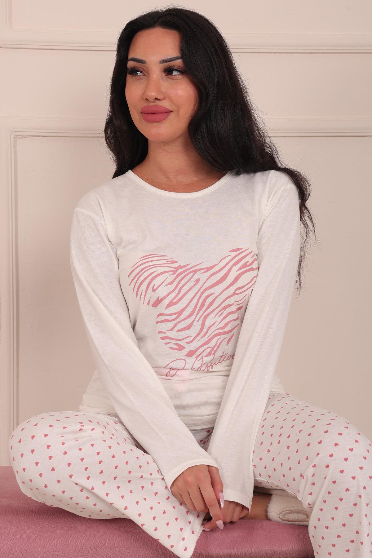 Kadın Be Positive Sloganlı Bisiklet Yaka Uzun Kol Altı Uzun Penye Pijama Takımı