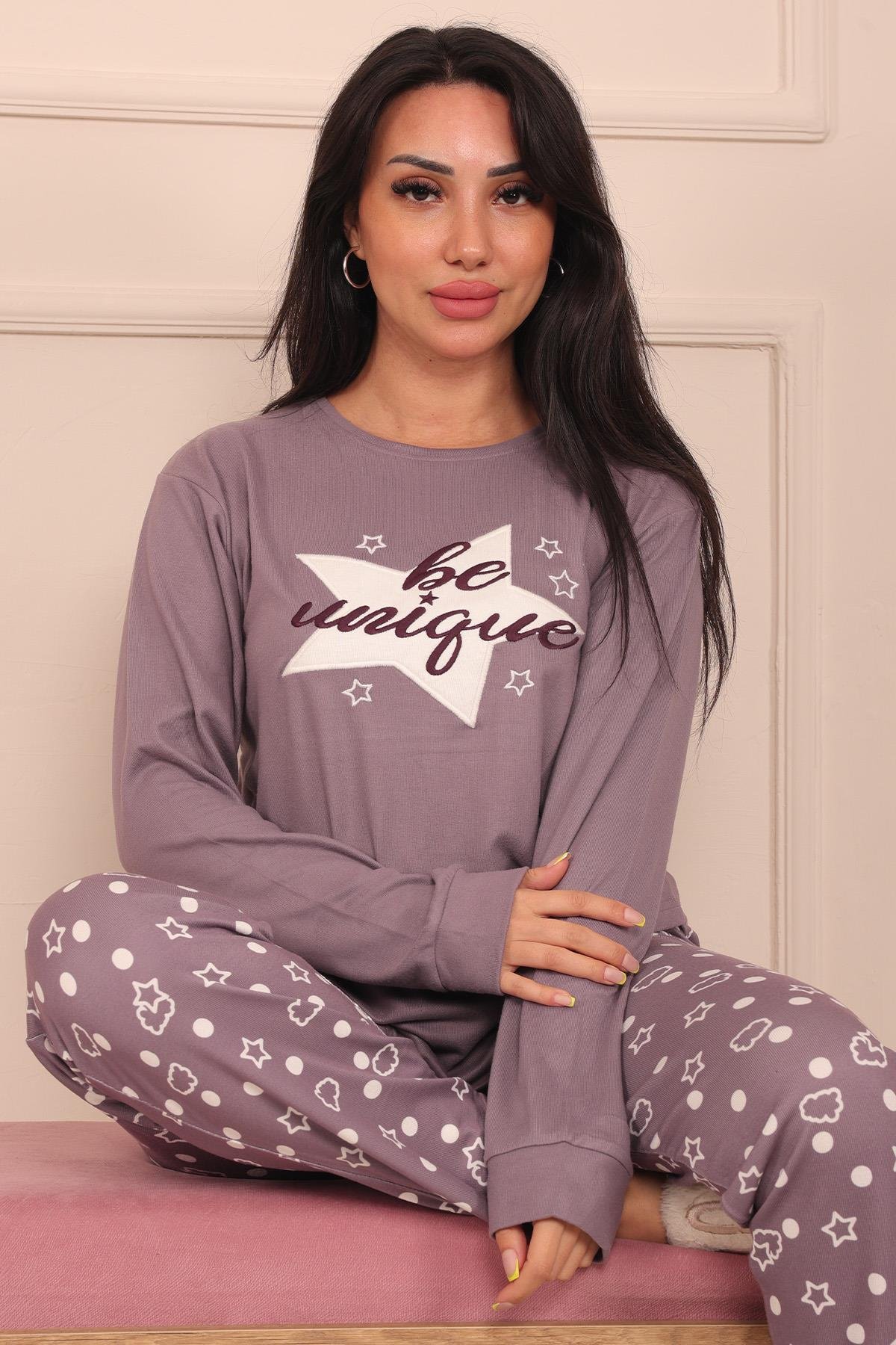 Kadın Be Unique Sloganlı ve Altı Yıldız Desenli Termal Pijama Takımı