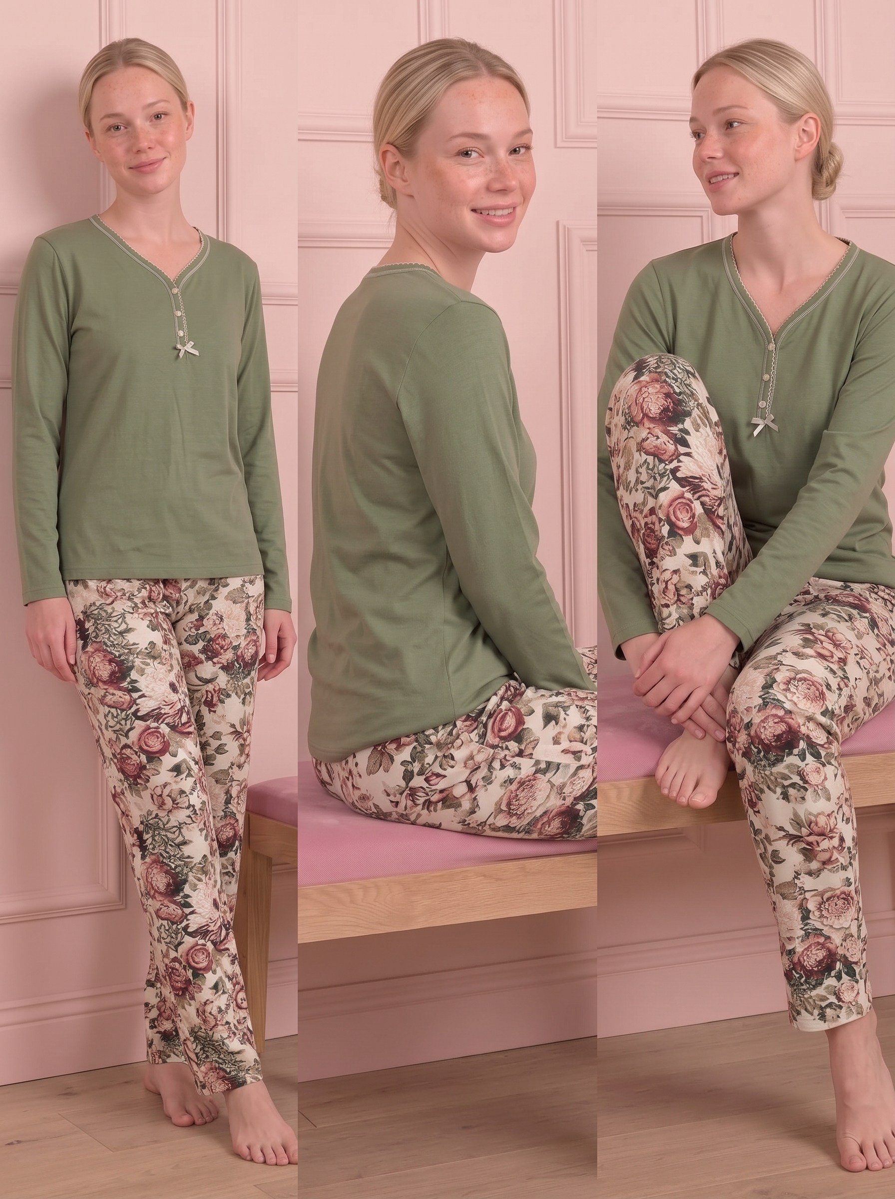Kadın Çiçek Desenli Armut Yaka Uzun Kol Altı Uzun Bambu Pijama Takımı