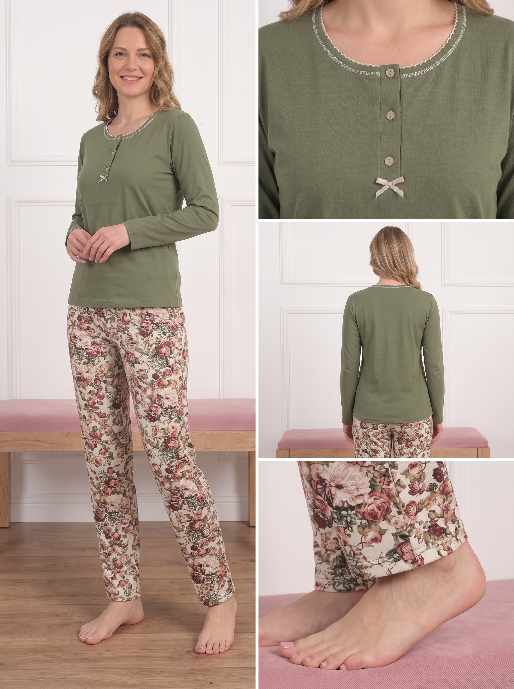 Kadın Çiçek Desenli Bisiklet Yaka Uzun Kol Altı Uzun Bambu Pijama Takımı