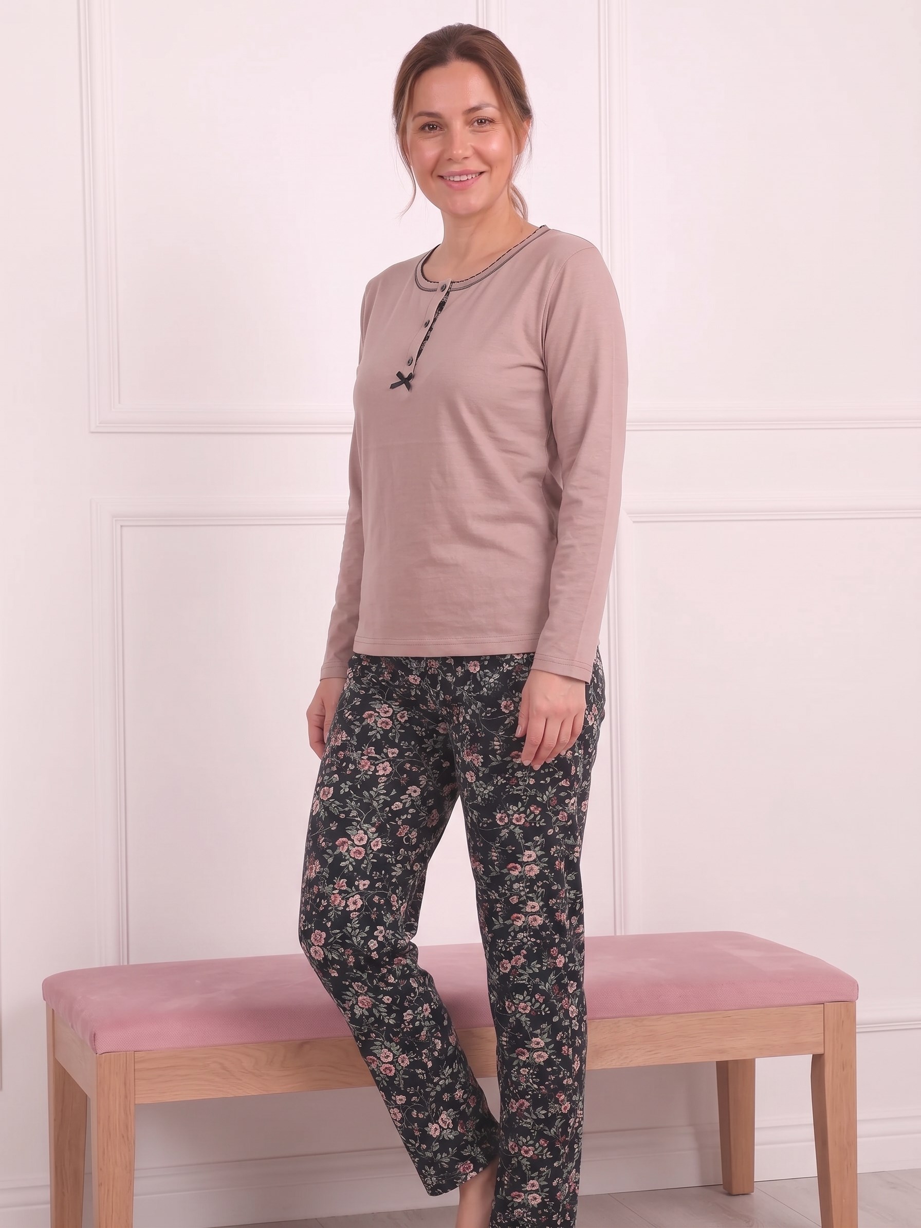 Kadın Çiçek Desenli Bisiklet Yaka Uzun Kol Altı Uzun Bambu Pijama Takımı