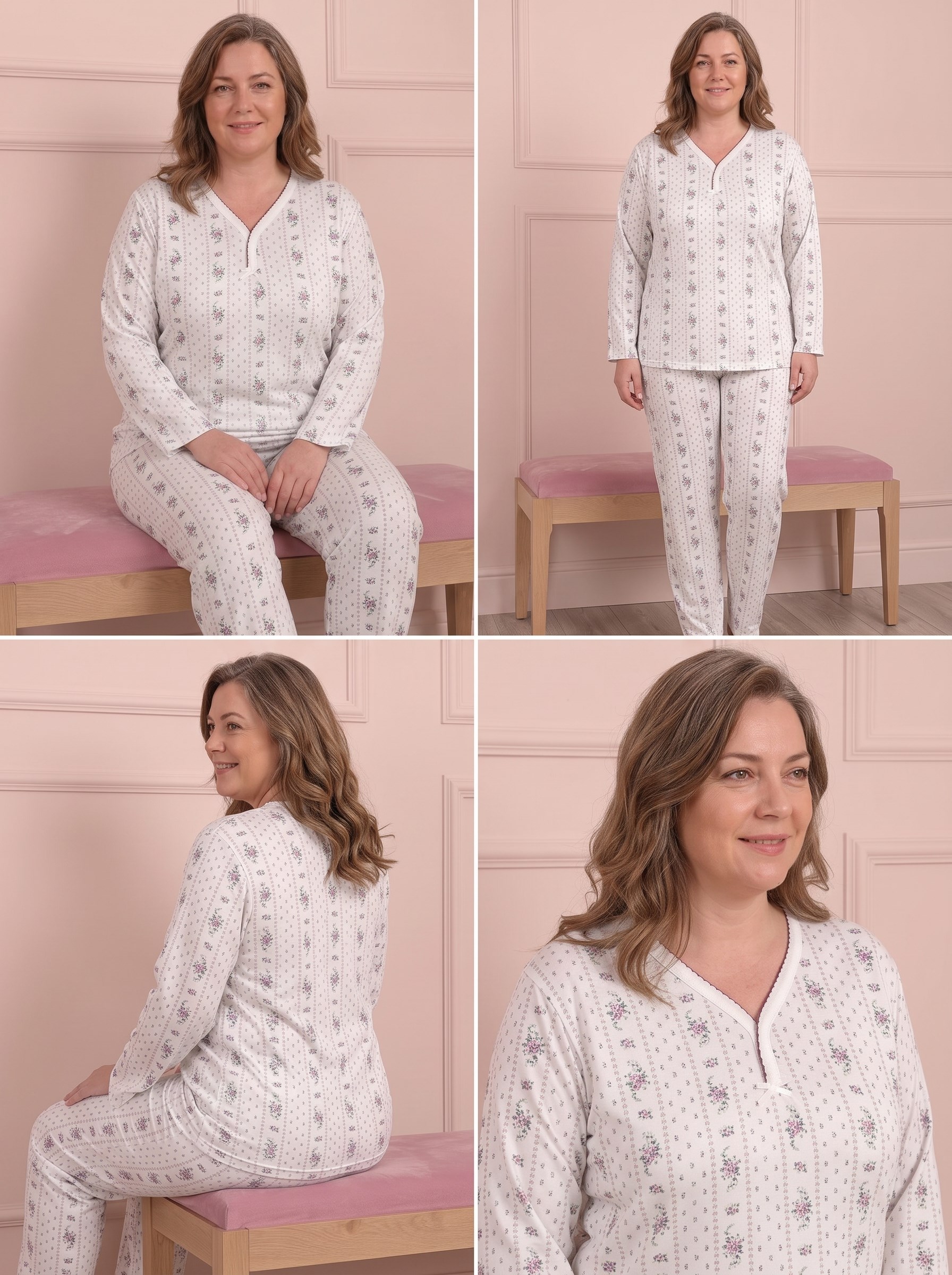Kadın Çiçek Desenli Biye Yakalı Uzun Kollu Anne Penye Pijama Takımı