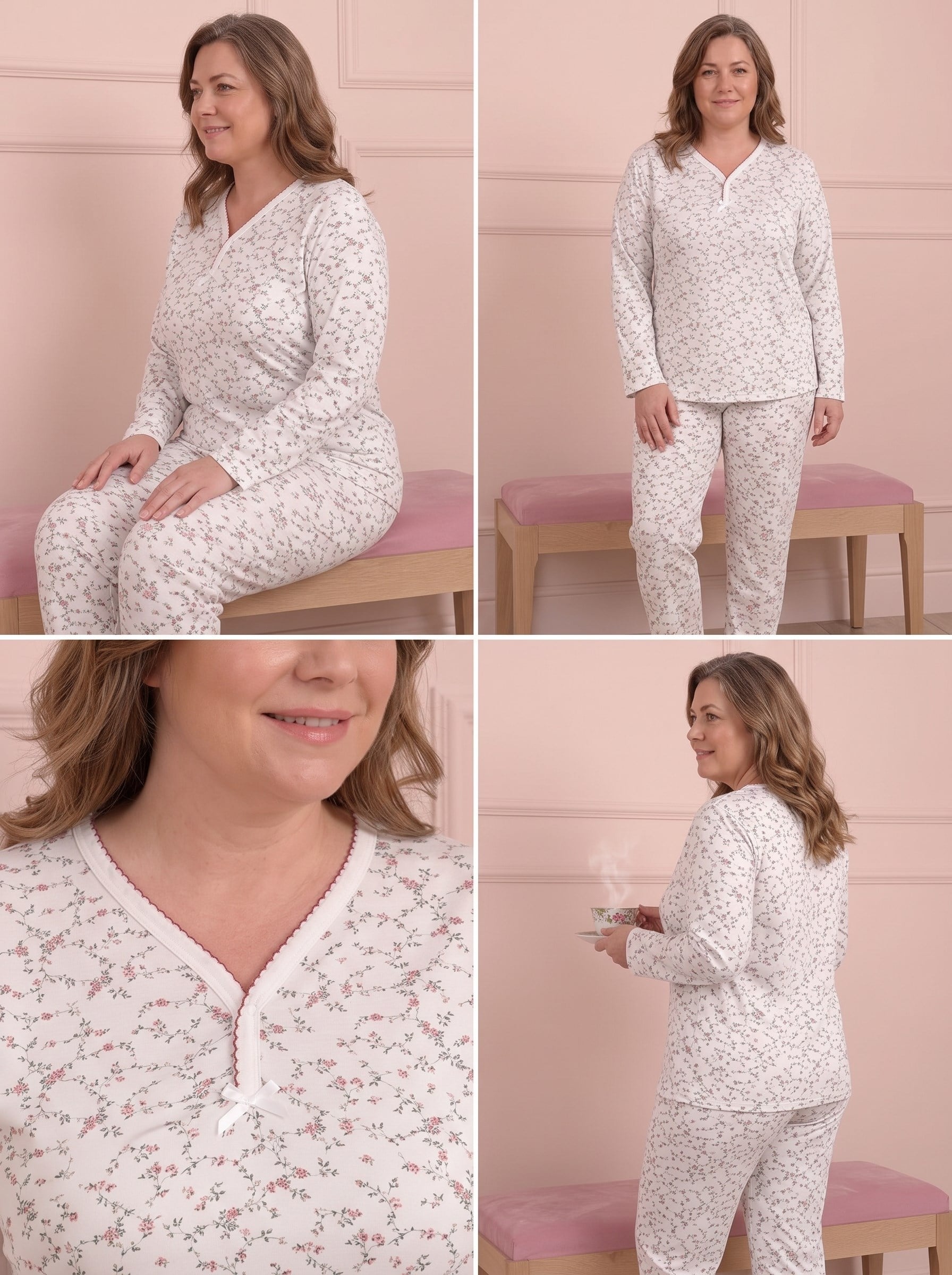 Kadın Çiçek Desenli Biye Yakalı Uzun Kollu Anne Penye Pijama Takımı