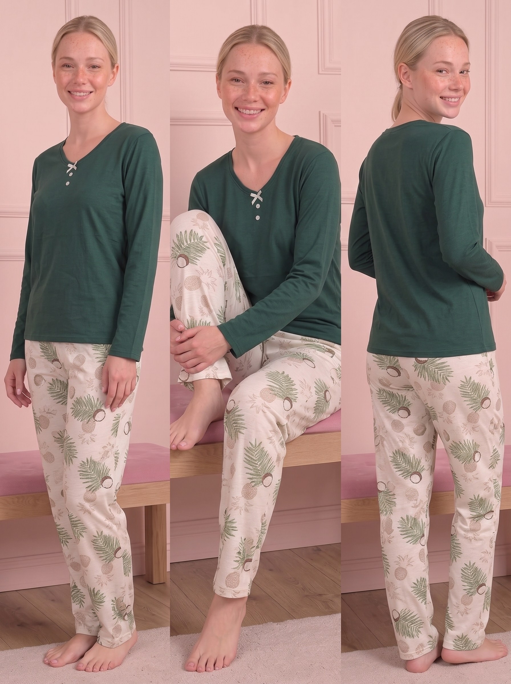 Kadın Çiçek Desenli V Yaka Uzun Kol Altı Uzun Bambu Pijama Takımı