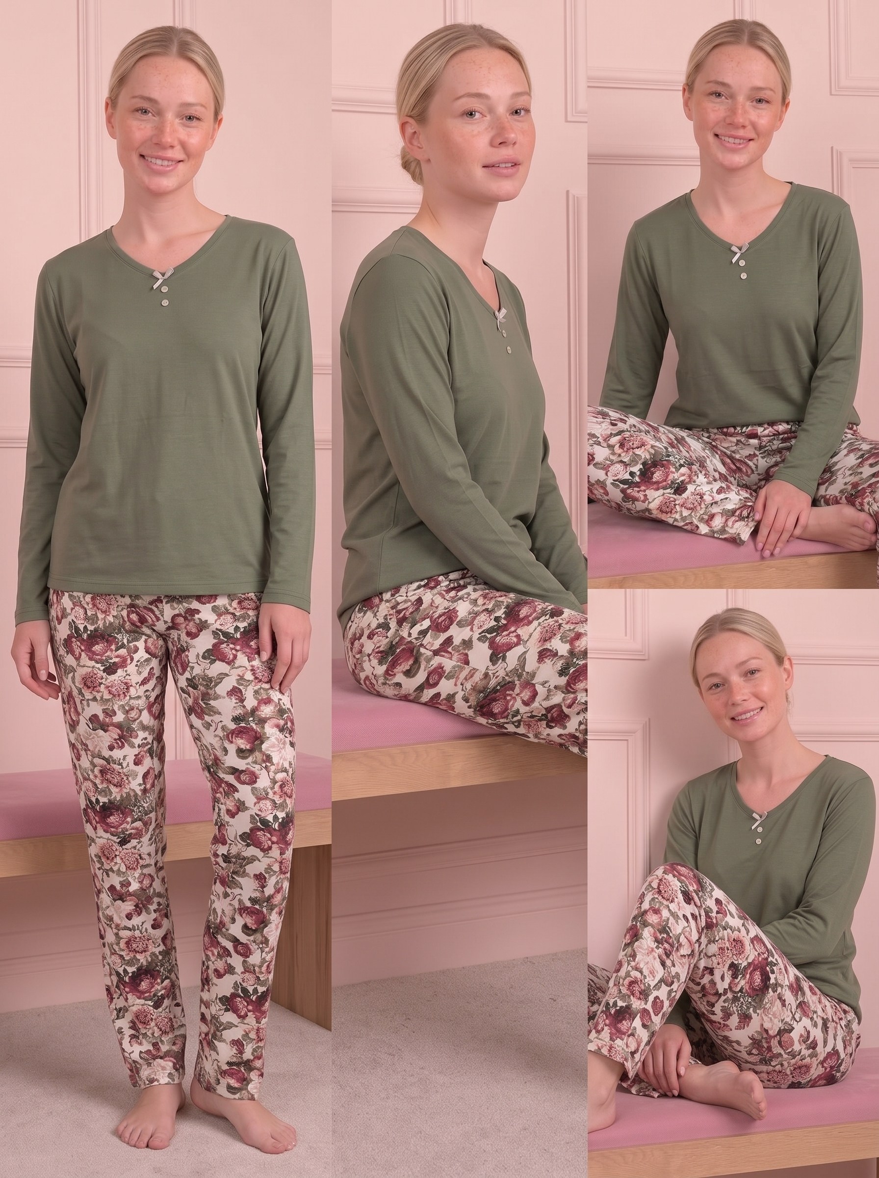 Kadın Çiçek Desenli V Yaka Uzun Kol Altı Uzun Bambu Pijama Takımı