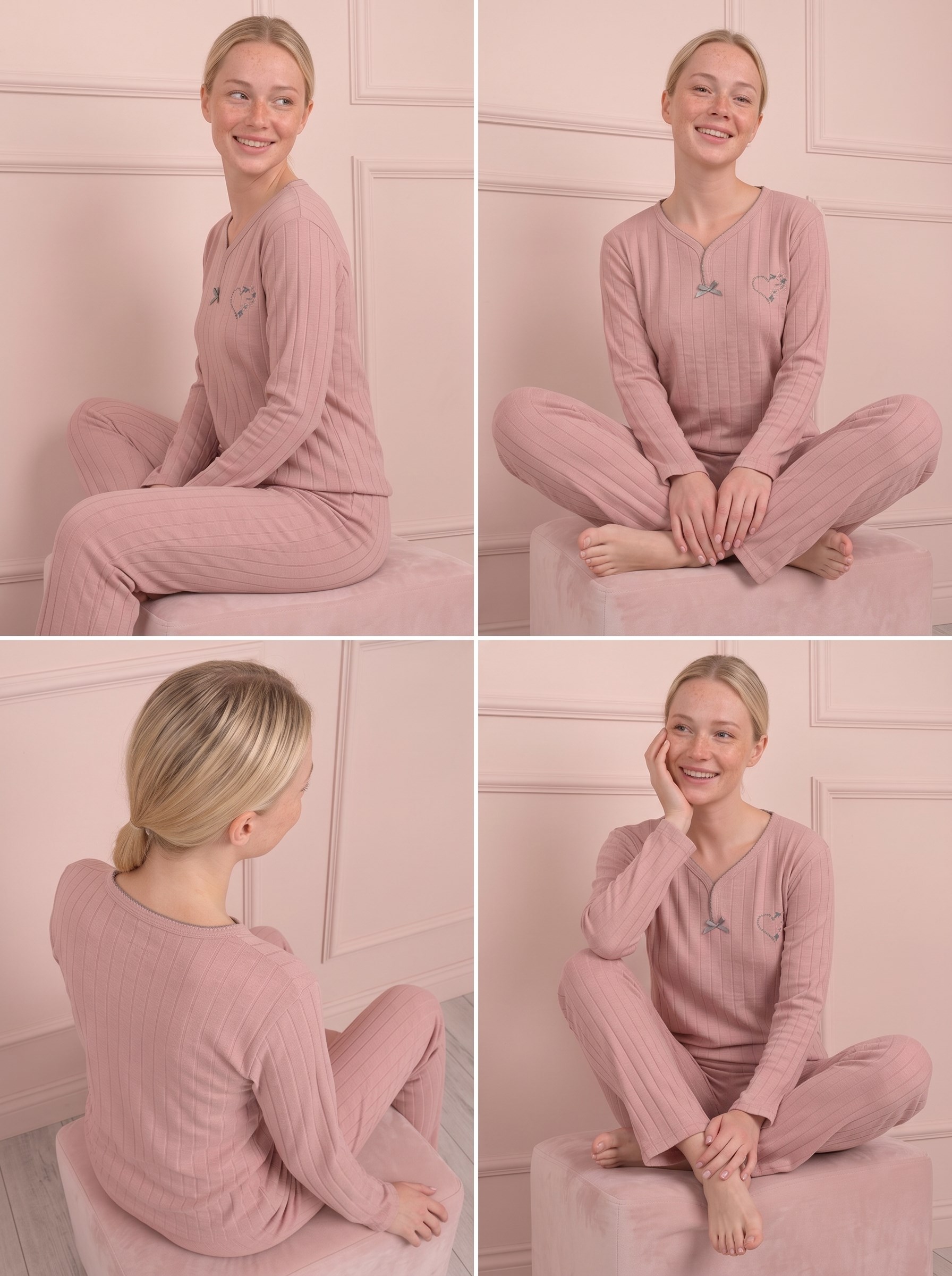 Kadın Çiçek İşlemeli Biye Yakalı Uzun Kol Altı Uzun Viskon Elegance Pijama Takımı