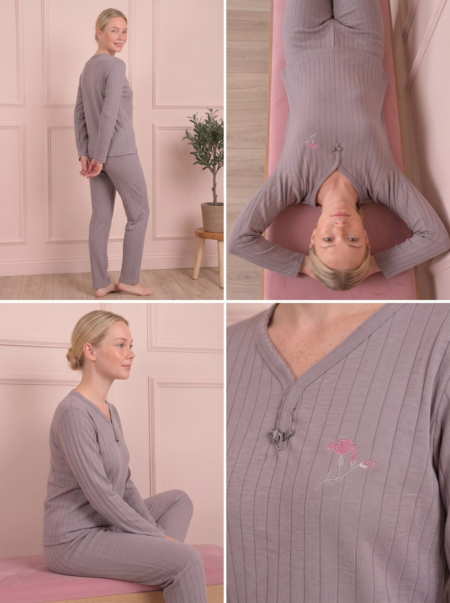 Kadın Çiçek İşlemeli Biye Yakalı Uzun Kol Altı Uzun Viskon Elegance Pijama Takımı