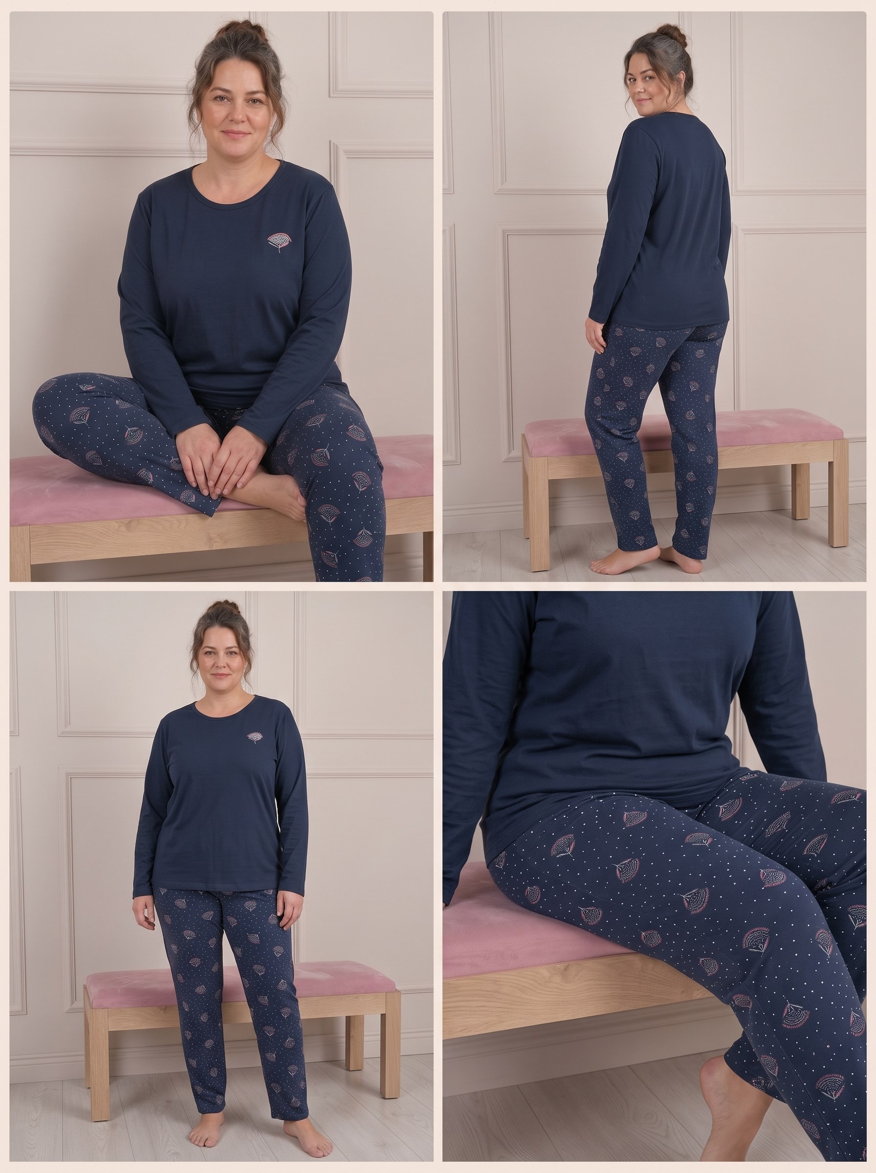 Kadın Çiçek Nakışlı ve Desenli Bisiklet Yaka Uzun Kol Altı Uzun Viskon Pijama Takımı
