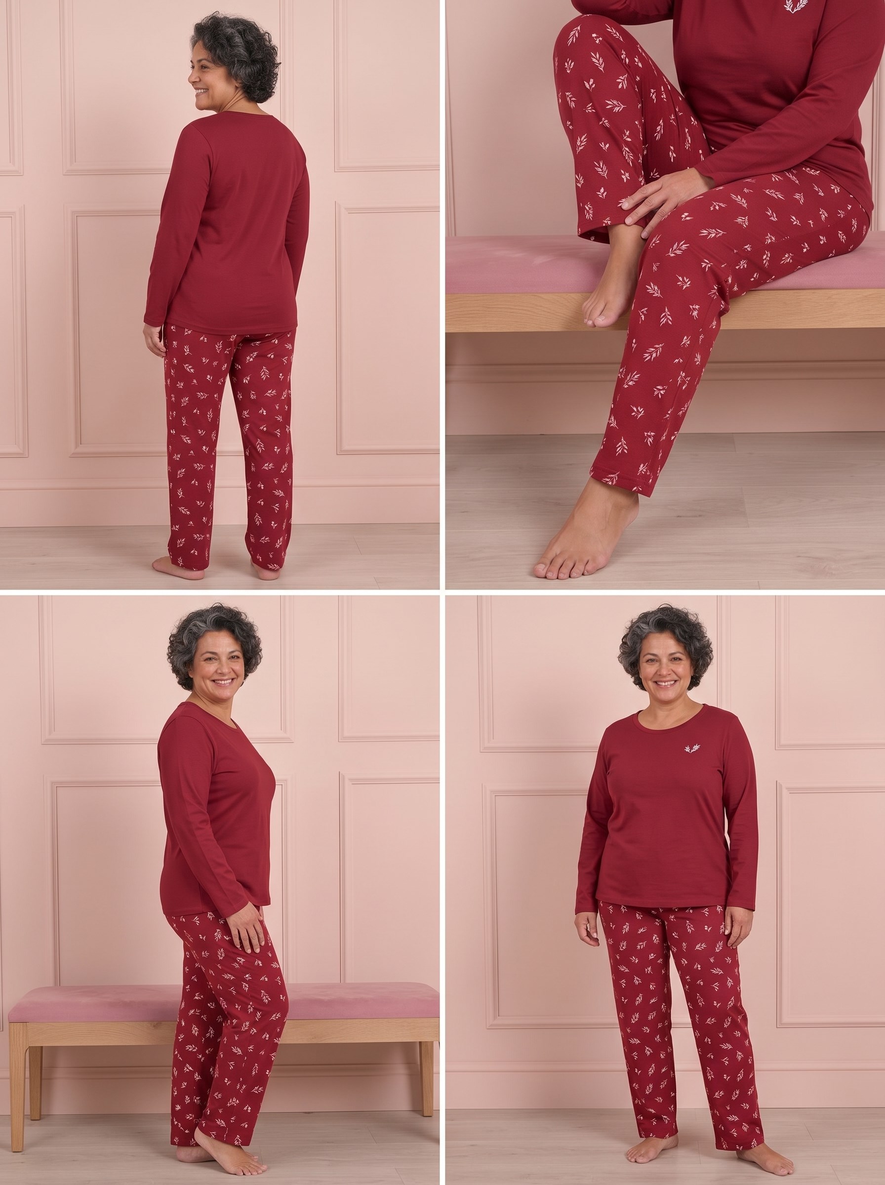 Kadın Çiçek Nakışlı ve Desenli Bisiklet Yaka Uzun Kol Altı Uzun Viskon Pijama Takımı