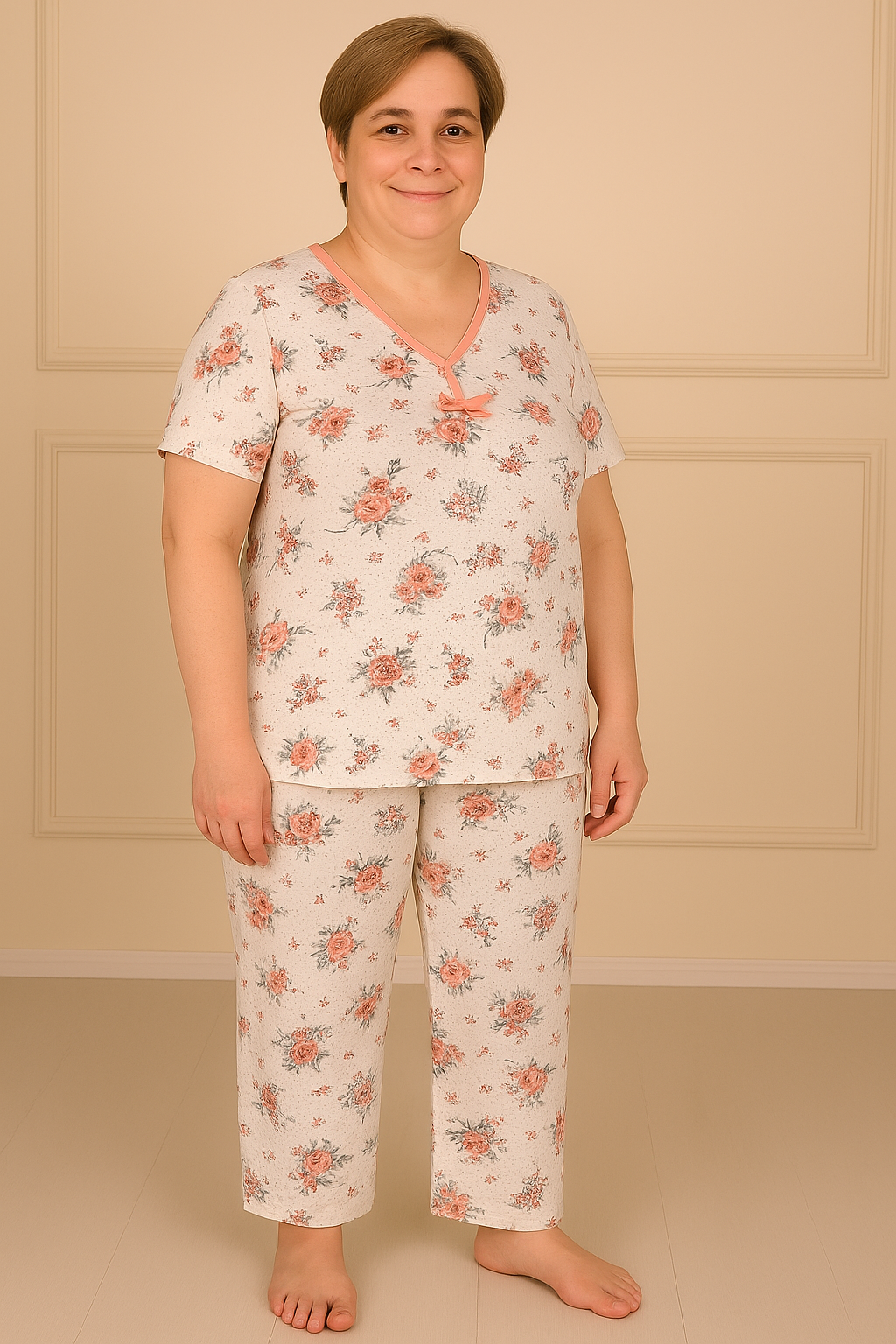 Kadın Desenli Biye Yakalı Kısa Kol Altı Uzun Penye Anne  Pijama Takım