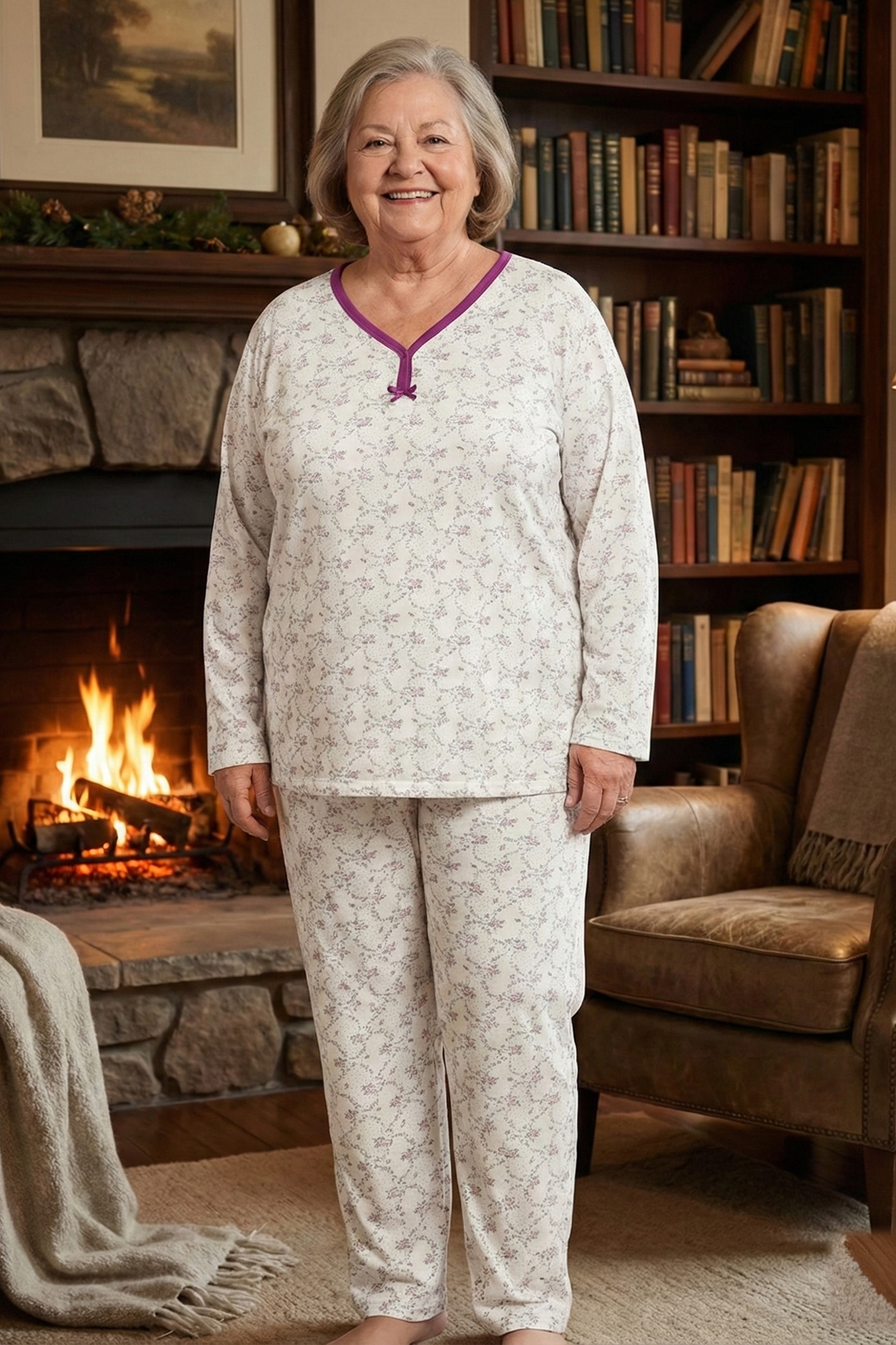 Kadın Desenli Biye Yakalı Uzun Kol Altı Uzun Penye Anne  Pijama Takım