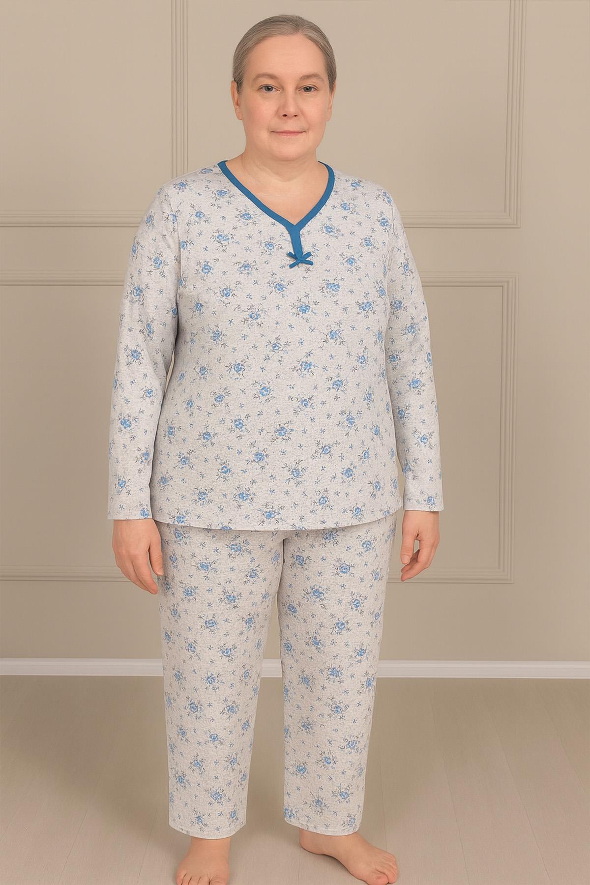 Kadın Desenli Biye Yakalı Uzun Kol Altı Uzun Penye Anne  Pijama Takım