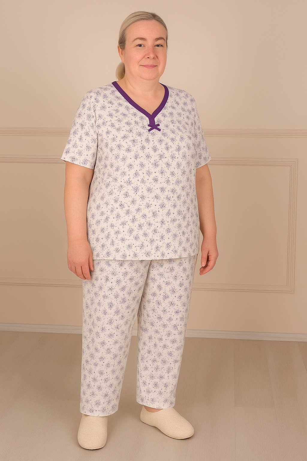 Kadın Desenli Biye Yakalı Uzun Kol Altı Uzun Penye Anne  Pijama Takım