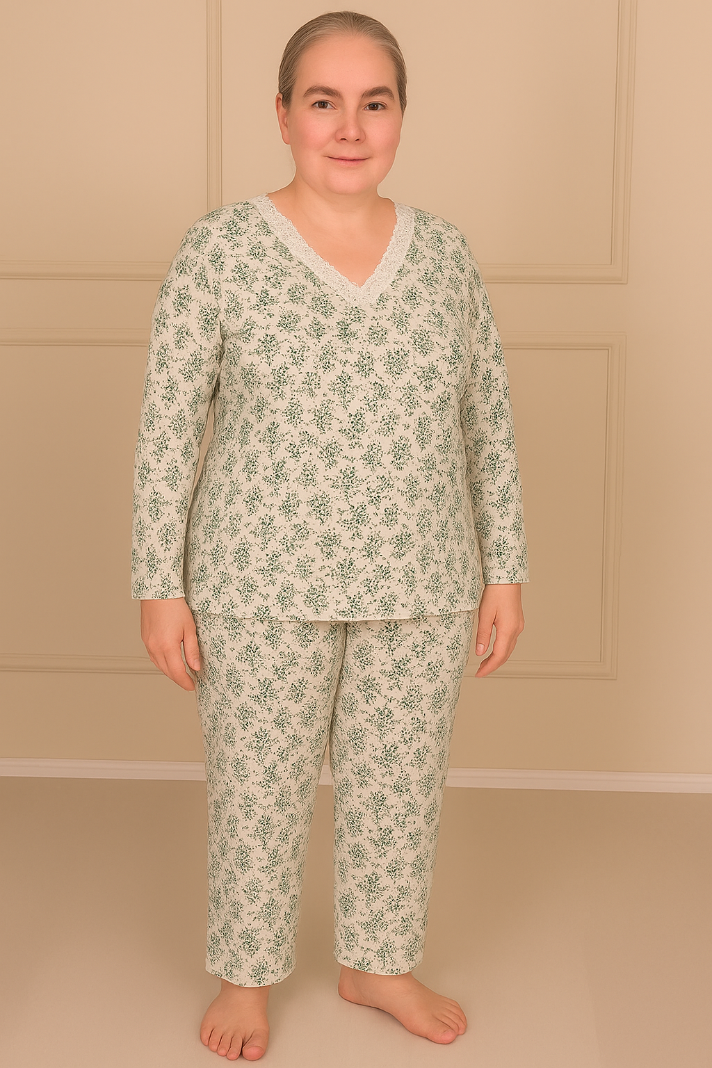 Kadın Desenli Biye Yakalı Uzun Kol Altı Uzun Penye Anne  Pijama Takımı