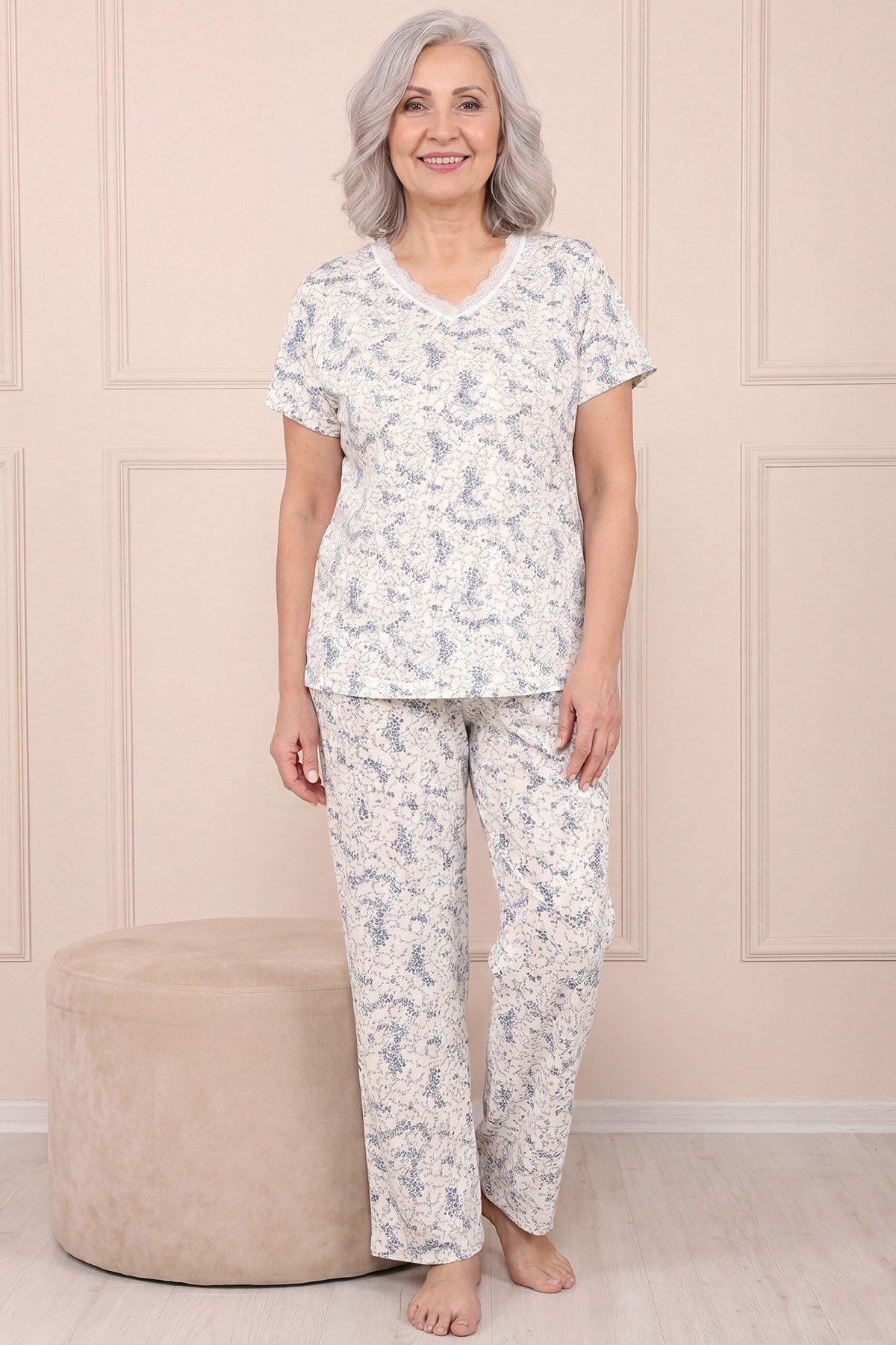 Kadın Desenli Dantel Yakalı Kısa Kol Altı Uzun Penye Anne  Pijama Takımı