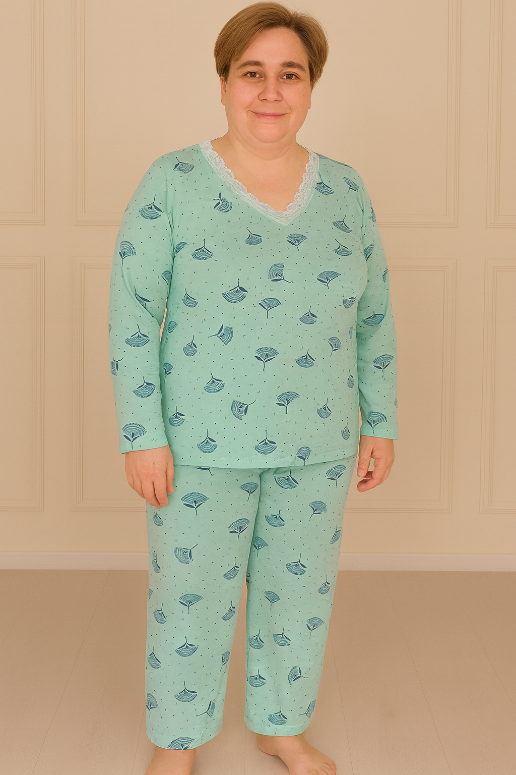 Kadın Desenli Dantel Yakalı Uzun Kol Altı Uzun Penye Anne  Pijama Takımı