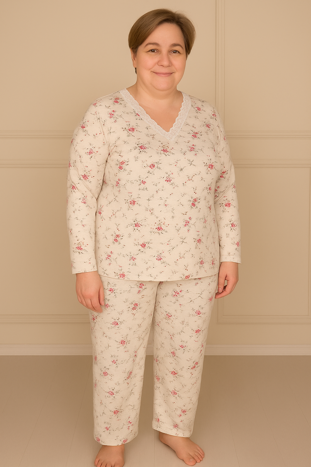 Kadın Desenli Dantel Yakalı Uzun Kol Altı Uzun Penye Anne  Pijama Takımı