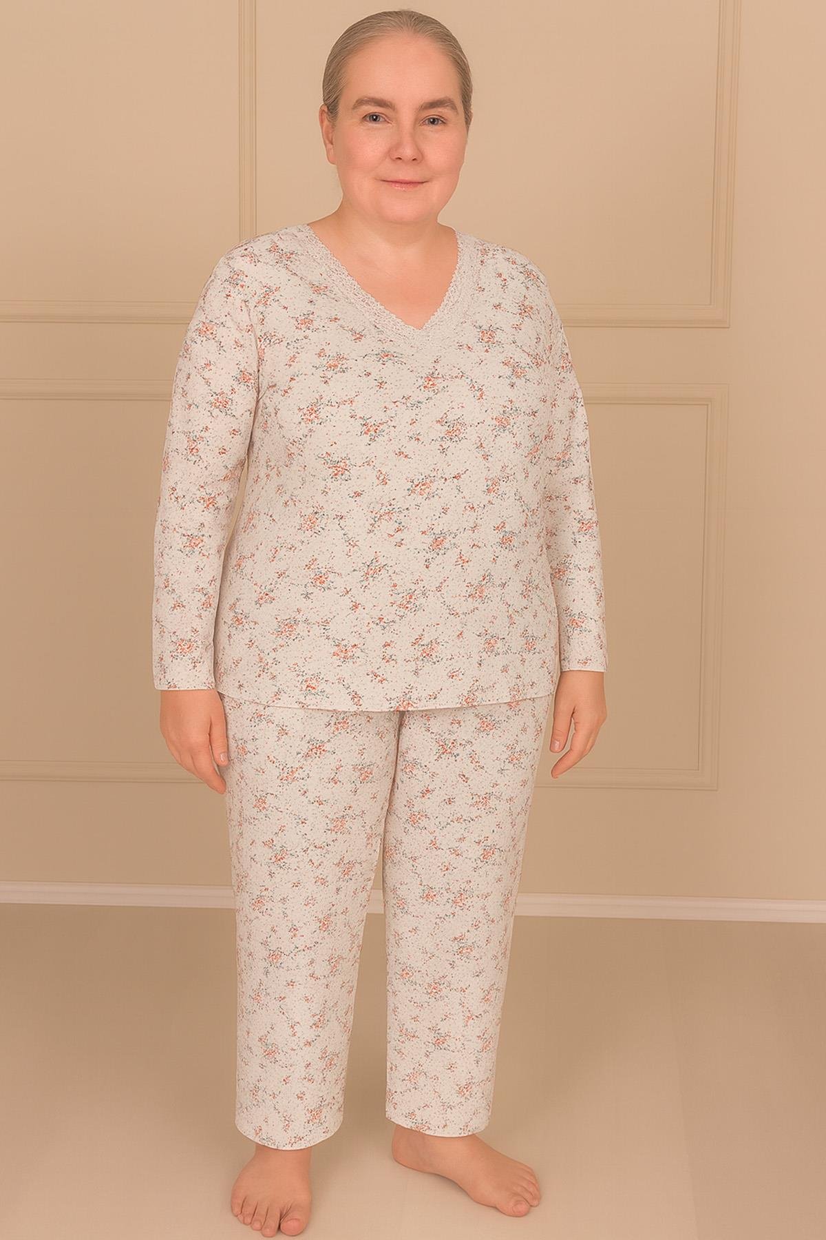 Kadın Desenli Dantel Yakalı Uzun Kol Altı Uzun Penye Anne  Pijama Takımı