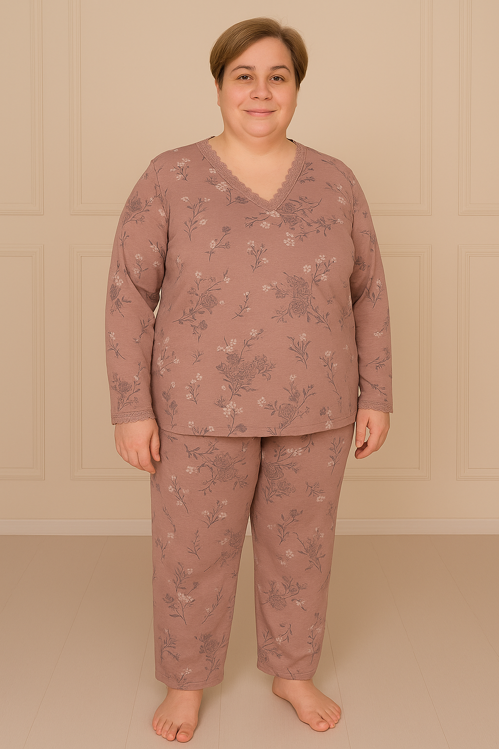 Kadın Desenli Dantel Yakalı Uzun Kol Altı Uzun Penye Anne  Pijama Takımı