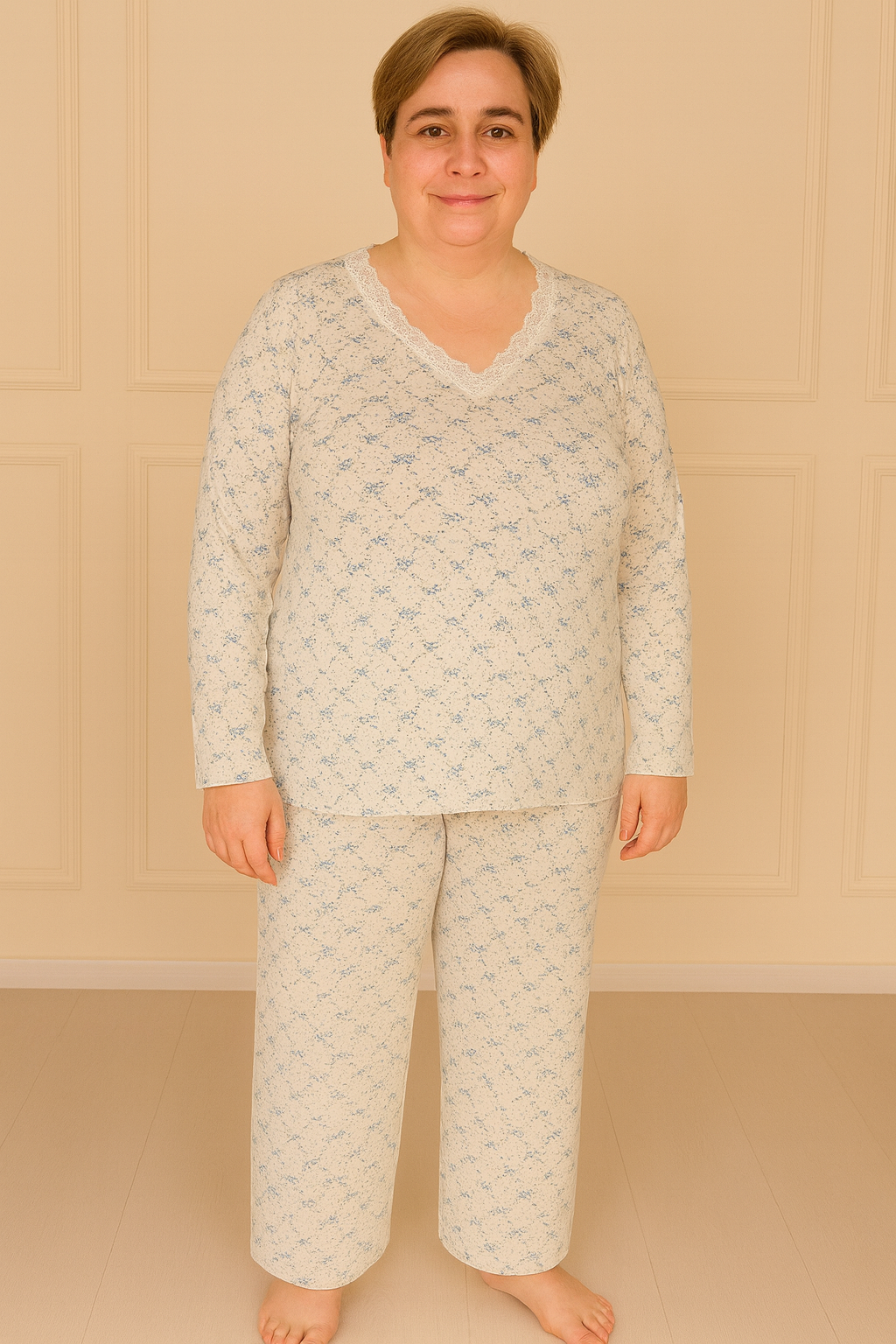 Kadın Desenli Dantel Yakalı Uzun Kol Altı Uzun Penye Anne  Pijama Takımı