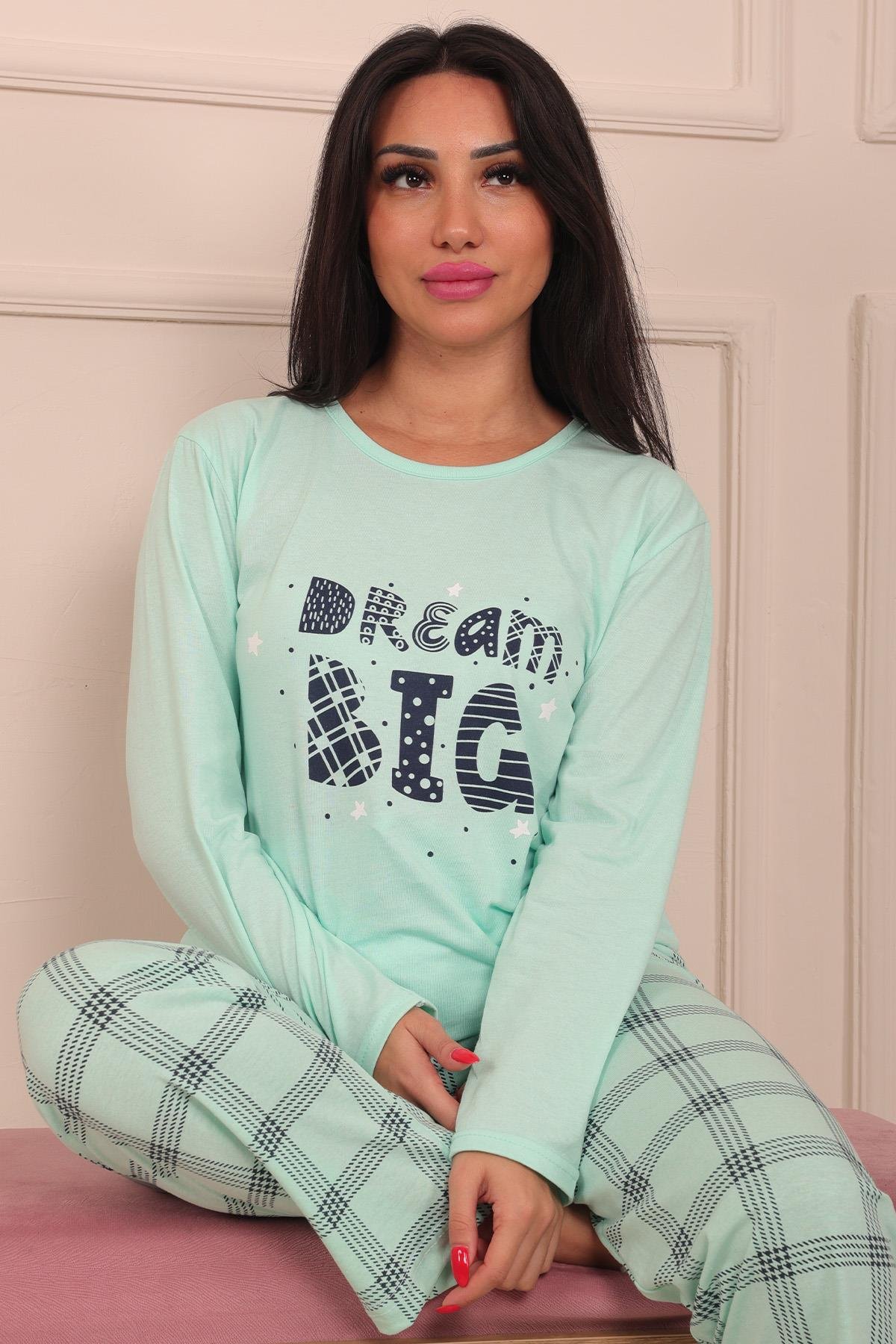 Kadın Dream Big Sloganlı Bisiklet Yaka Uzun Kol Altı Uzun Penye Pijama Takımı