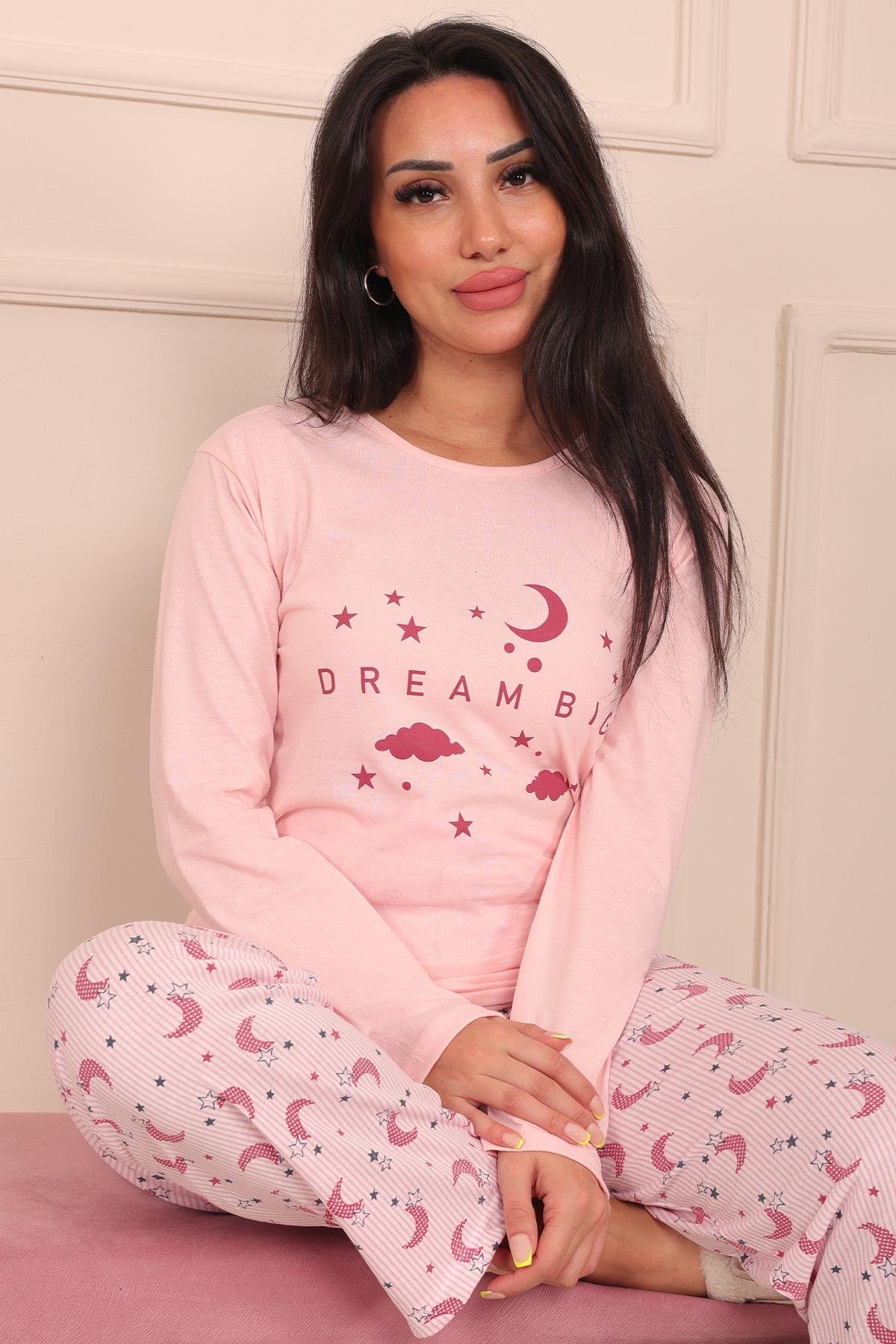 Kadın Dream Big Sloganlı ve Altı Desenli Bisiklet Yaka Uzun Kol Altı Uzun Penye Pijama Takımı