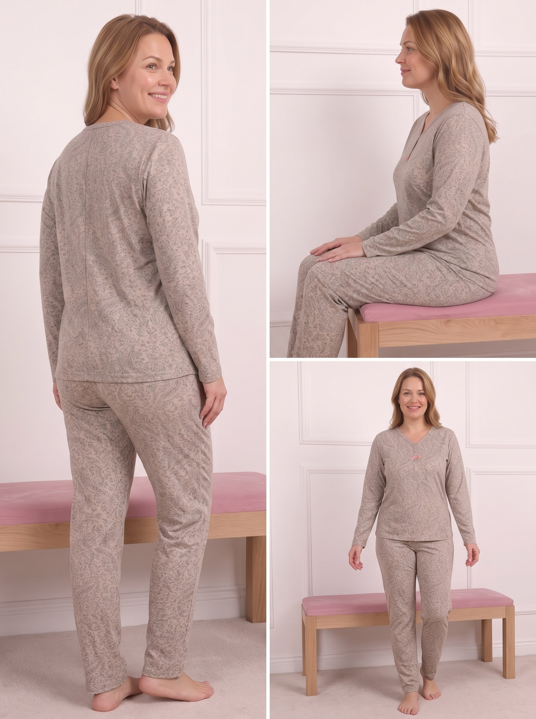 Kadın Etnik Desenli Biye Yakalı Uzun Kollu Anne Penye Pijama Takımı