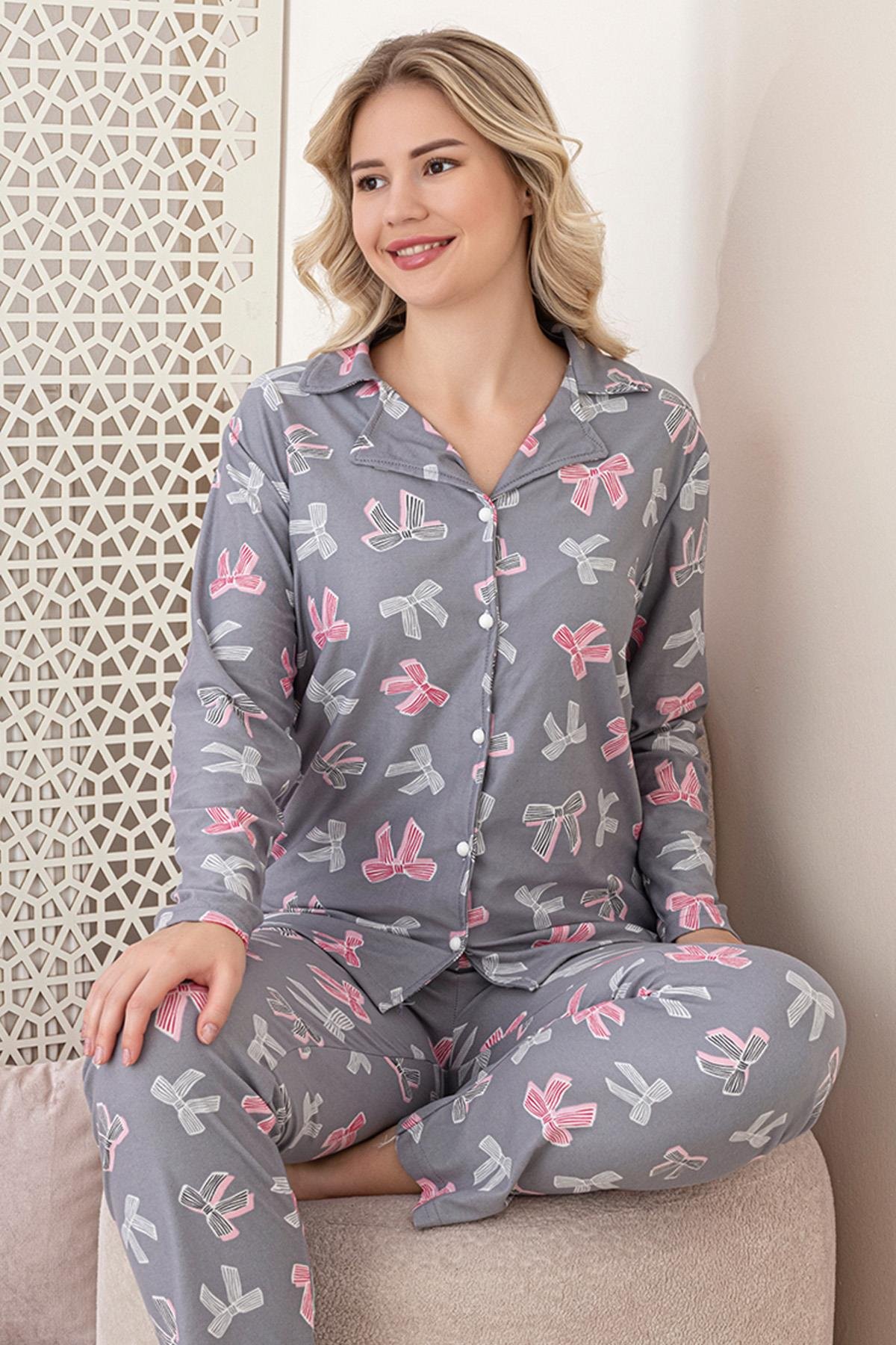 Kadın Fiyonk Desenli Önü Düğmeli Uzun Kol Altı Uzun Süet Pijama Takımı