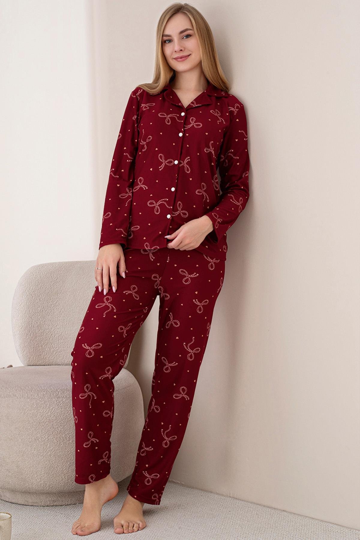 Kadın Fiyonk ve Kalp Desenli Önü Düğmeli Uzun Kol Altı Uzun Süet Pijama Takımı