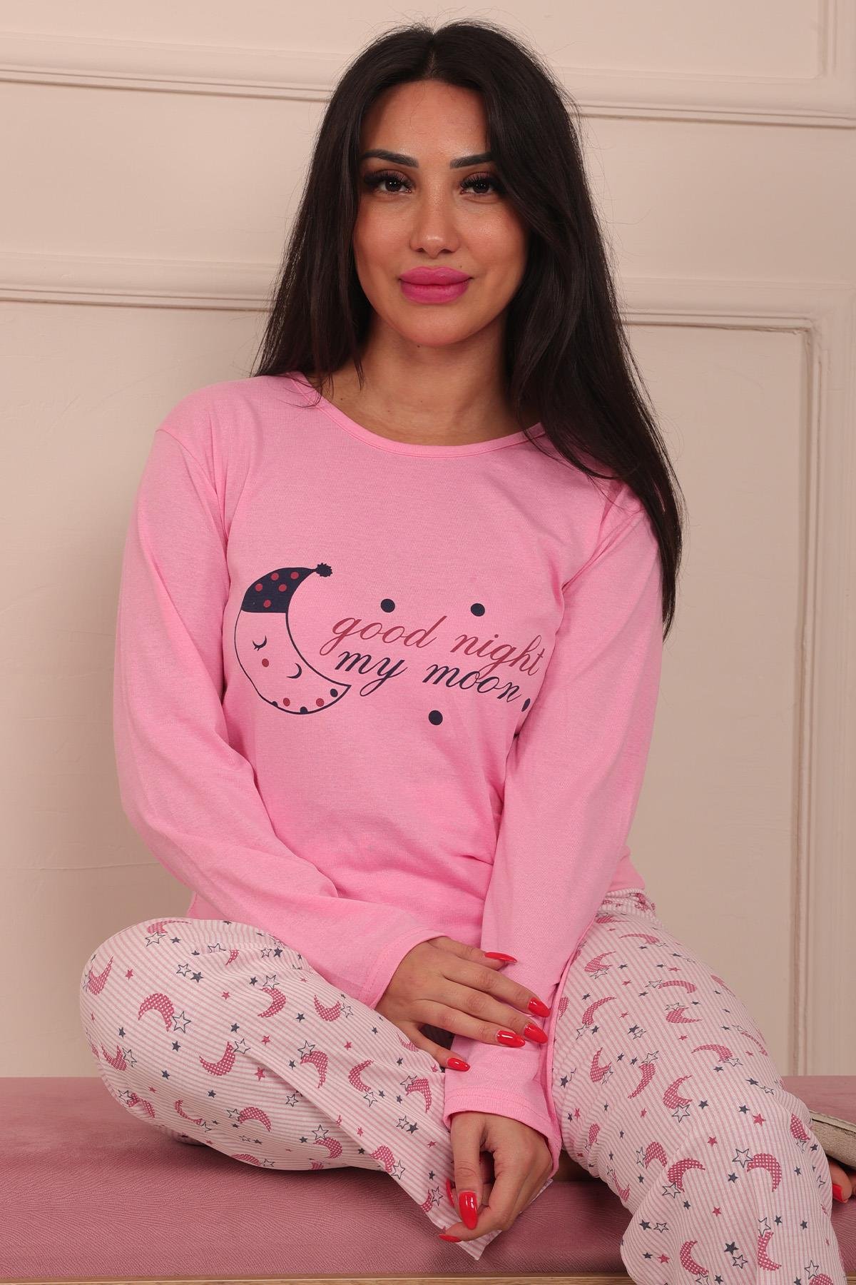 Kadın Good Night Sloganlı Bisiklet Yaka Uzun Kol Altı Uzun Penye Pijama Takımı