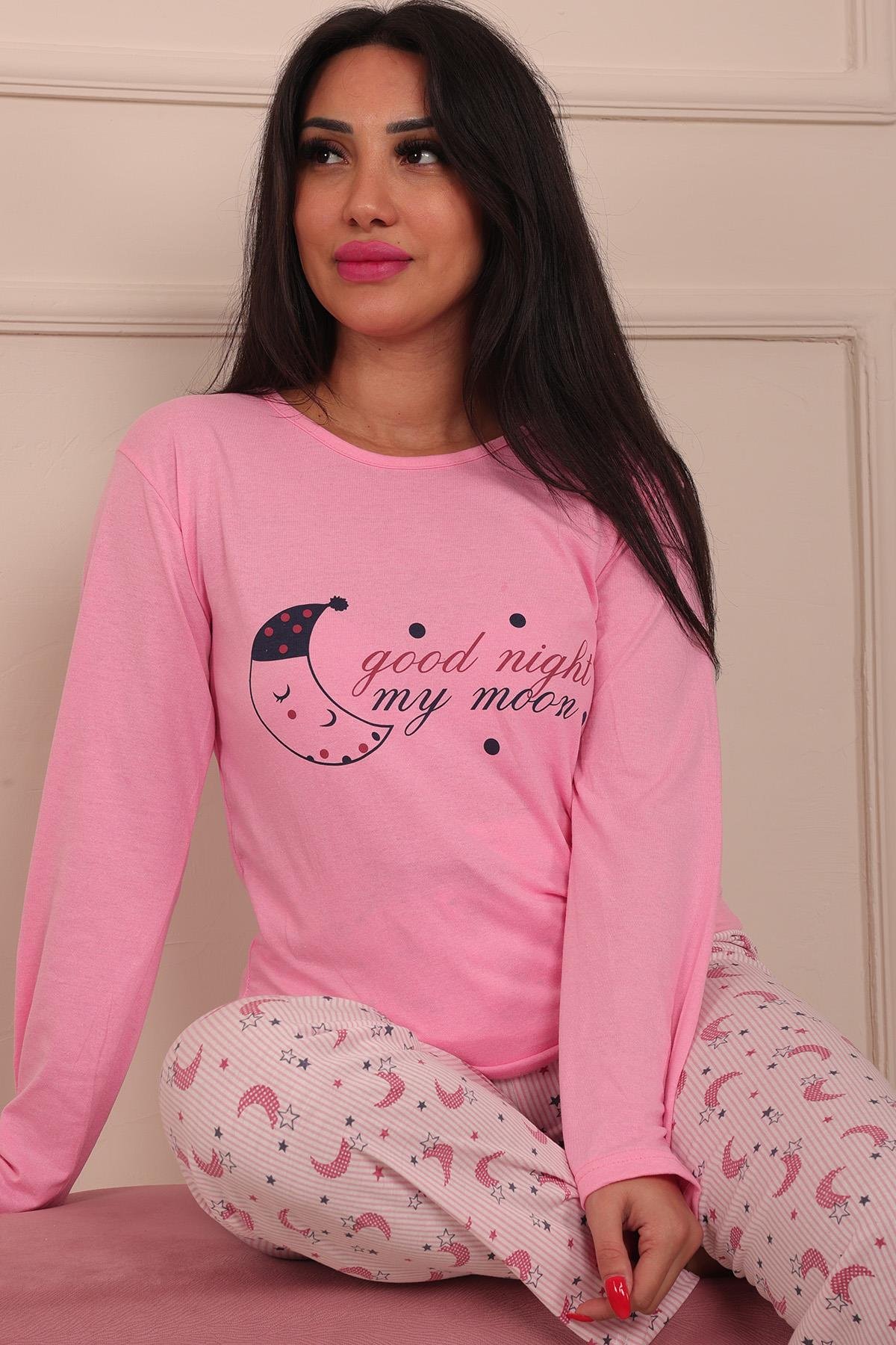 Kadın Good Night Sloganlı Bisiklet Yaka Uzun Kol Altı Uzun Penye Pijama Takımı