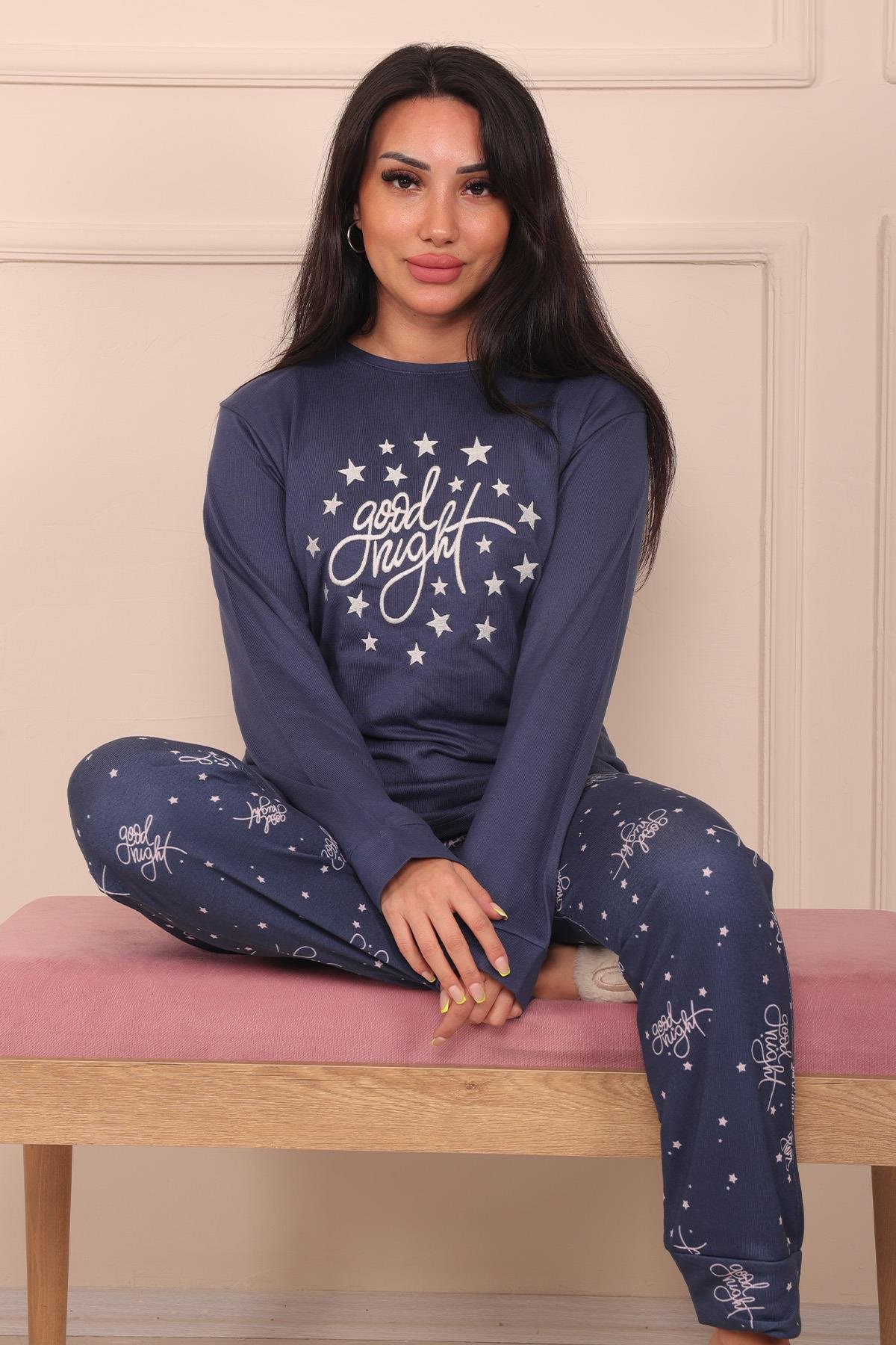 Kadın Good Night  Sloganlı ve Altı Yıldız Desenli Termal Pijama Takımı