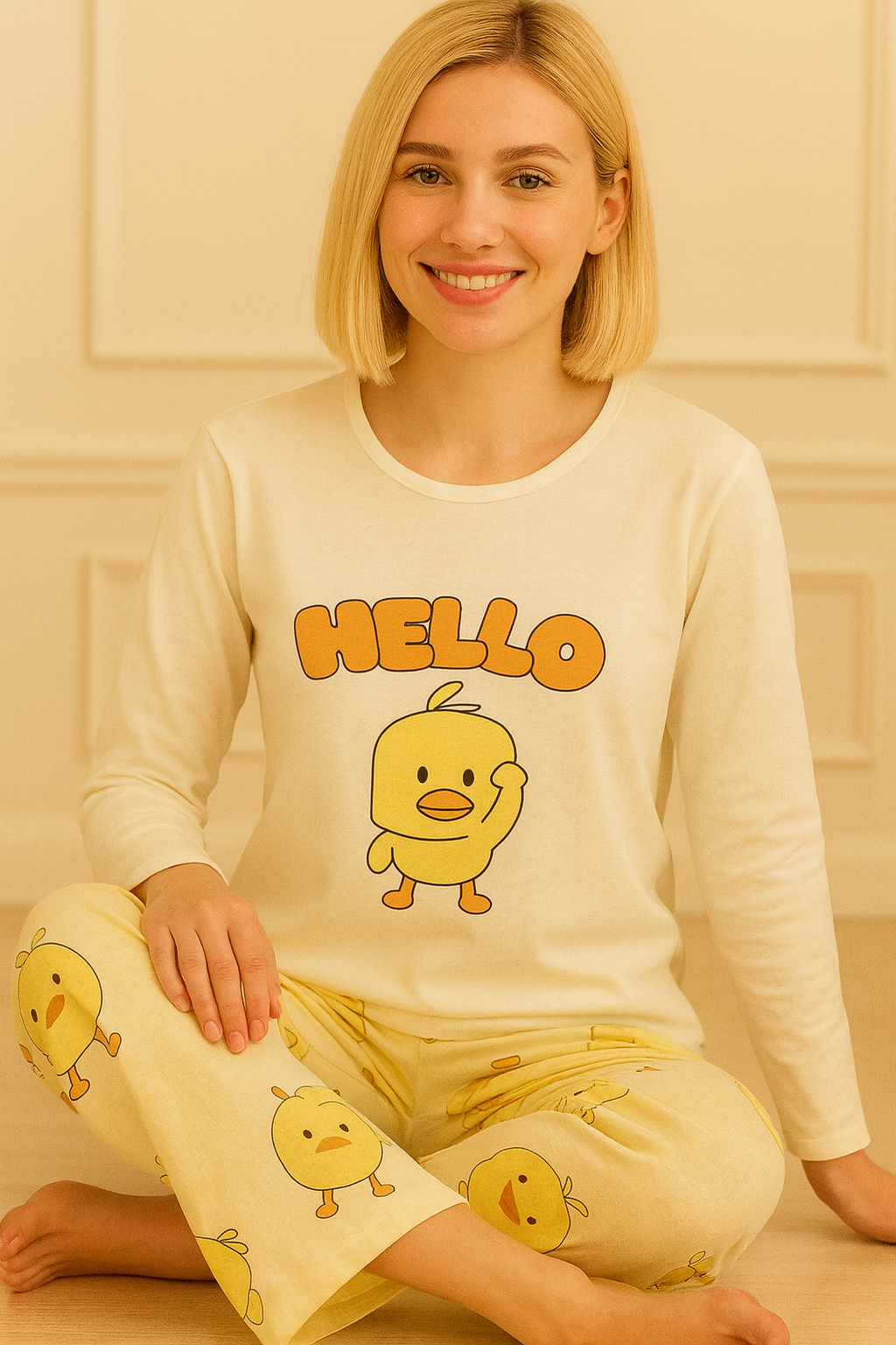 Kadın Hello Sloganlı ve Ördek Yavrusu Baskılı  Altı Desenli Bisiklet Yaka Uzun Kol Altı Uzun Penye Pijama Takımı