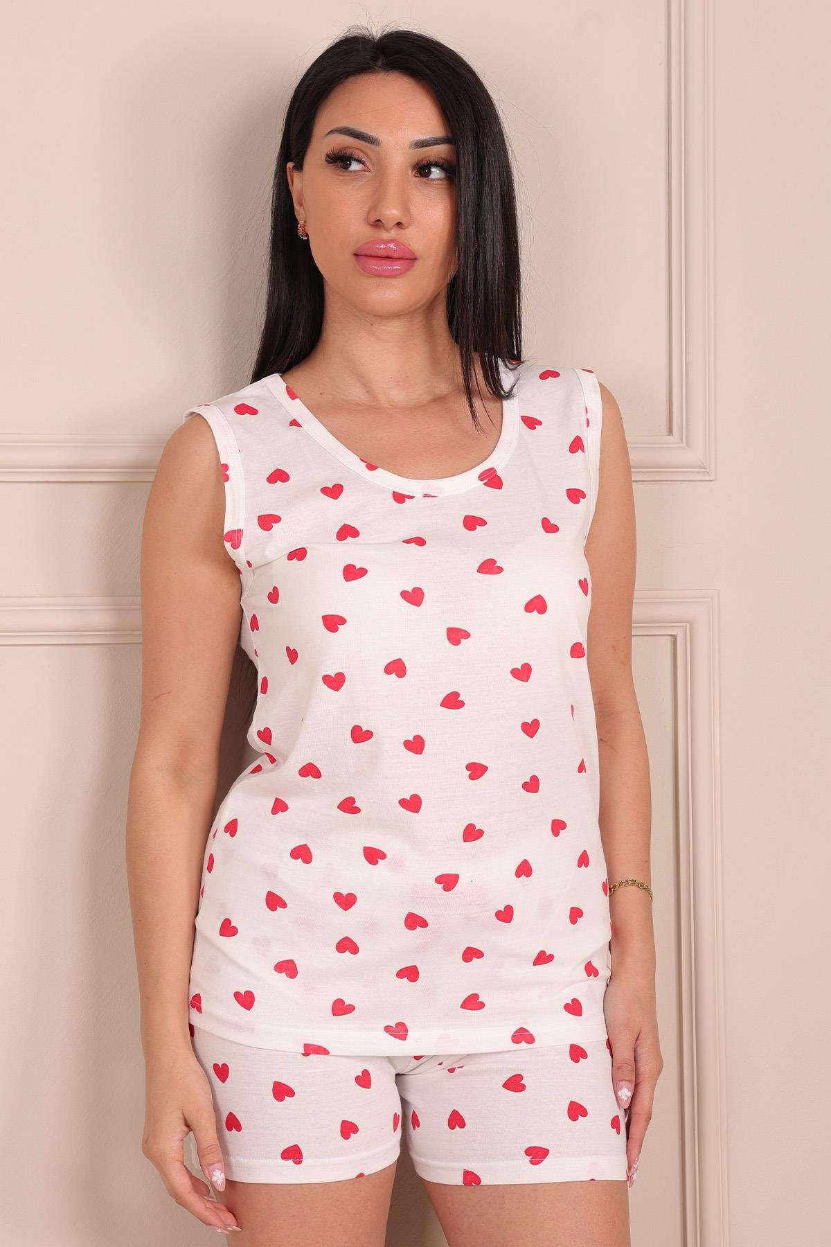Kadın Kalp Desenli  Kalın Askılı Şortlu Penye Pijama Takımı