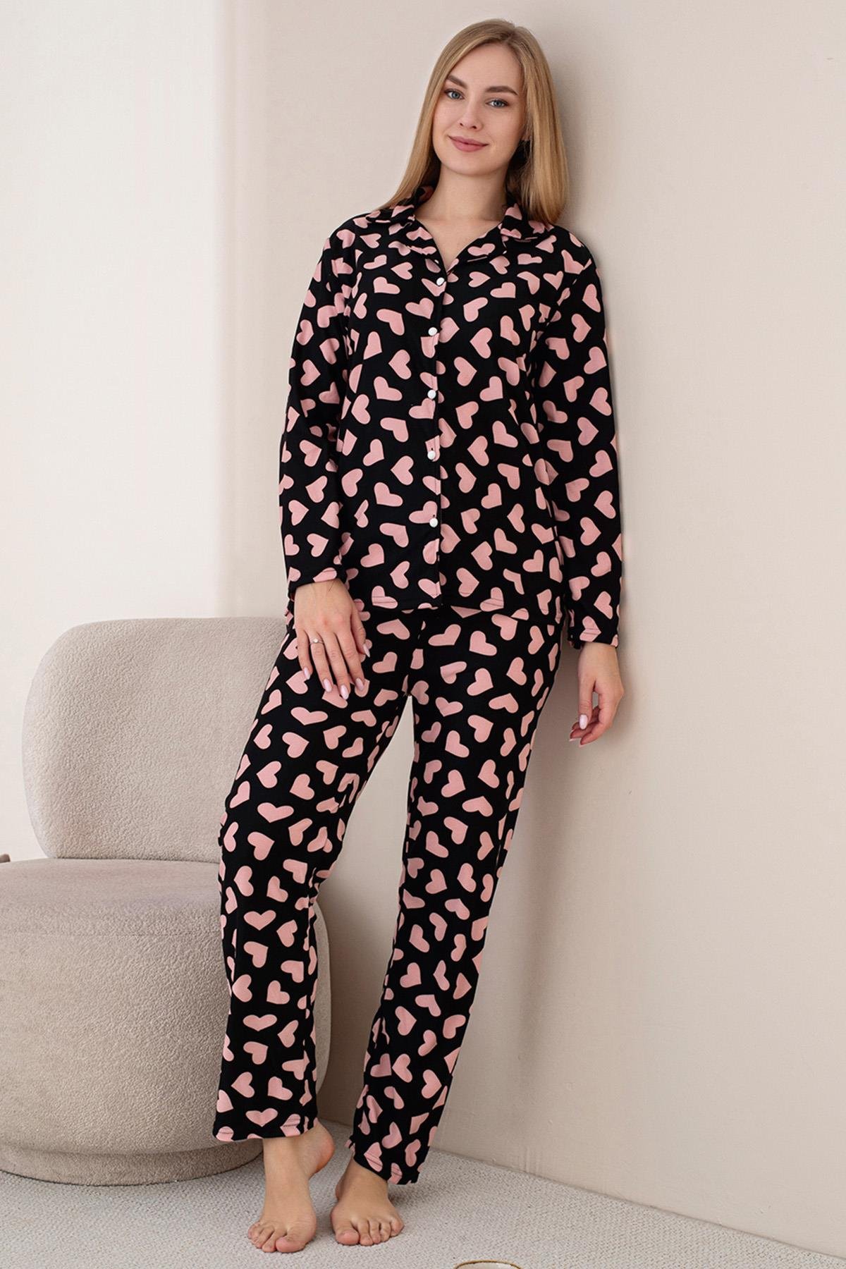 Kadın Kalp Desenli Önü Düğmeli Uzun Kol Altı Uzun Süet Pijama Takımı