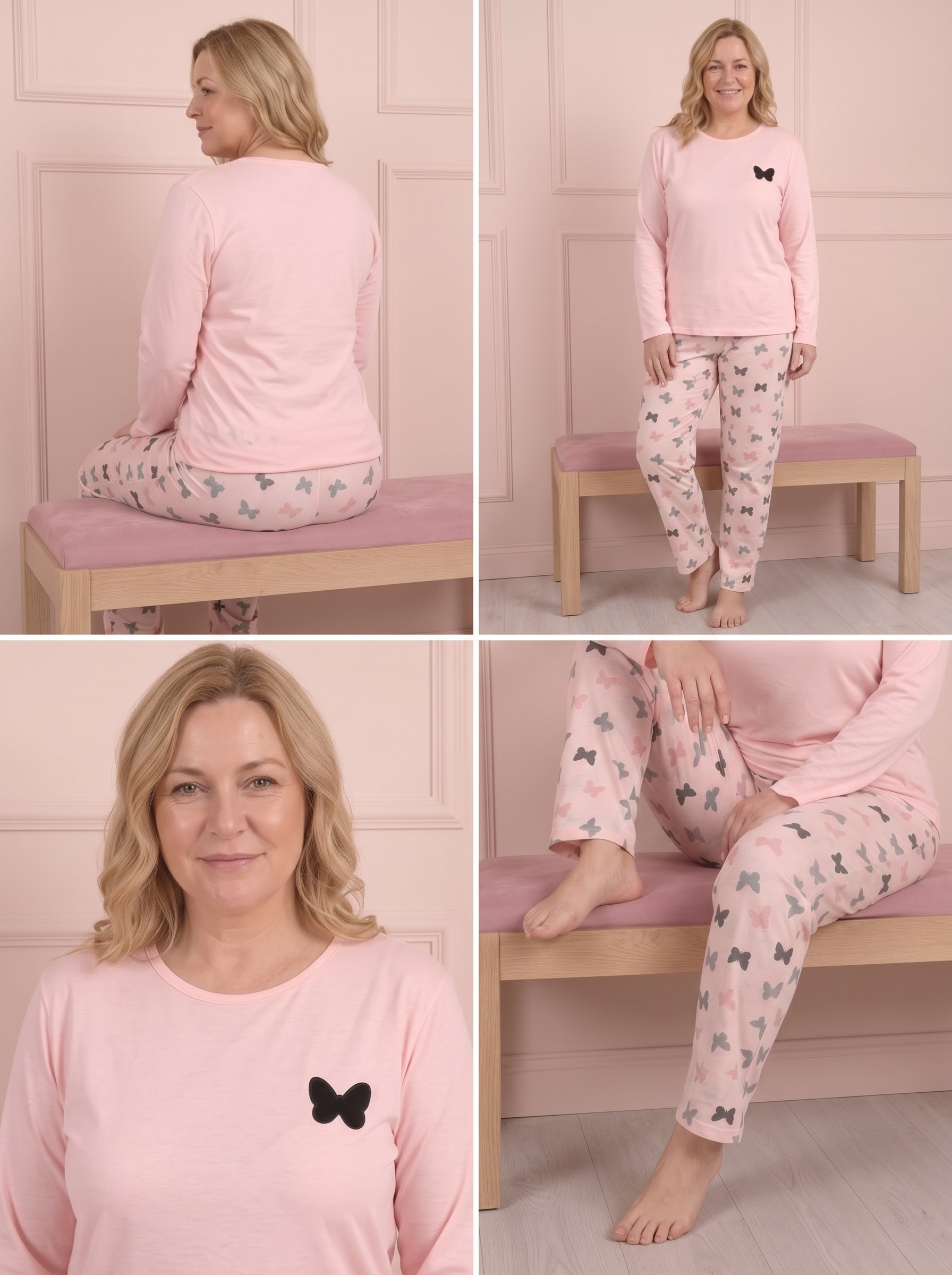Kadın Kelebek Nakışlı ve Desenli Bisiklet Yaka Uzun Kol Altı Uzun Viskon Pijama Takımı