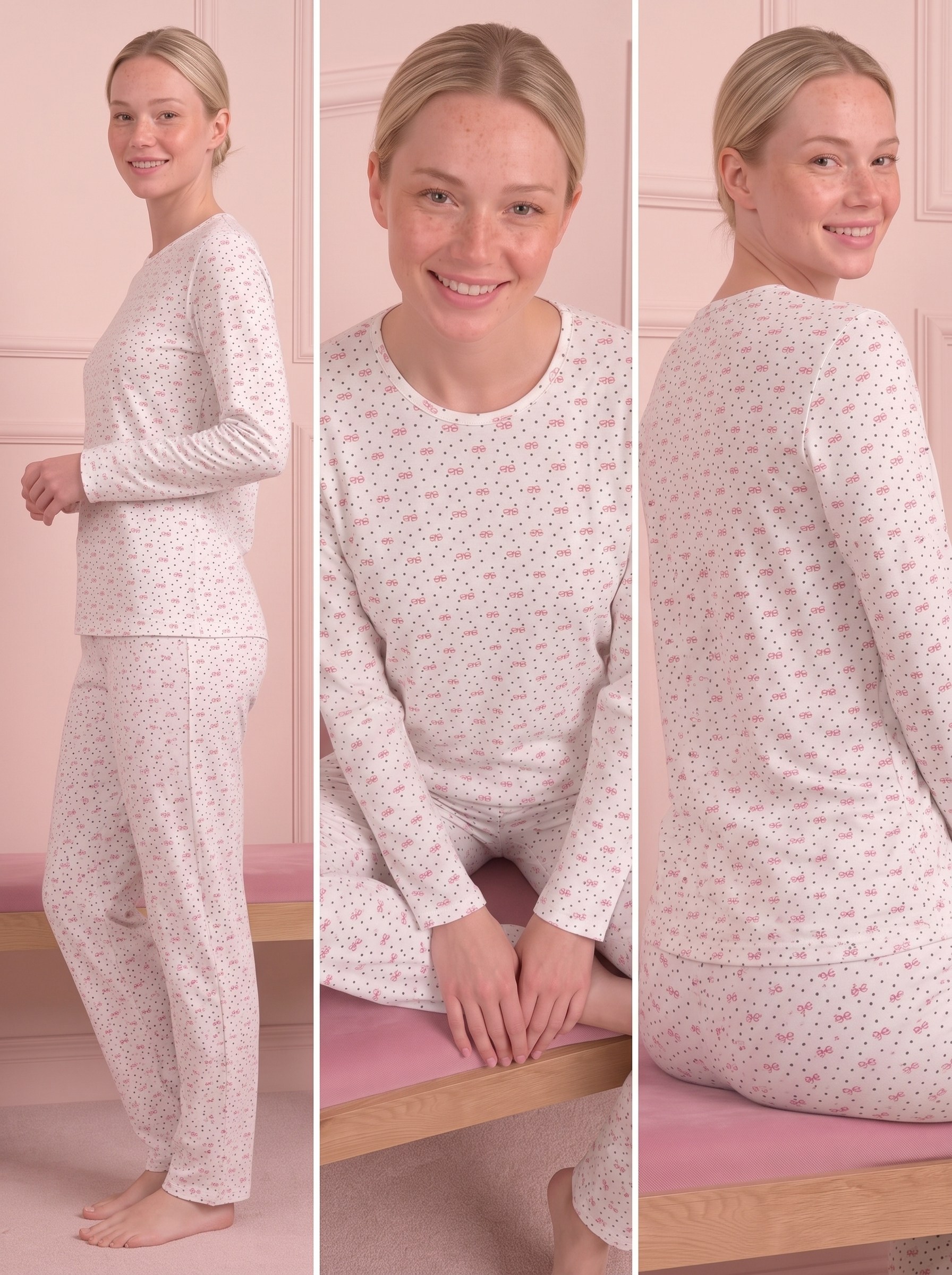 Kadın Kurdele Desenli Bisiklet Yaka Uzun Kol Altı Uzun Penye Pijama Takımı