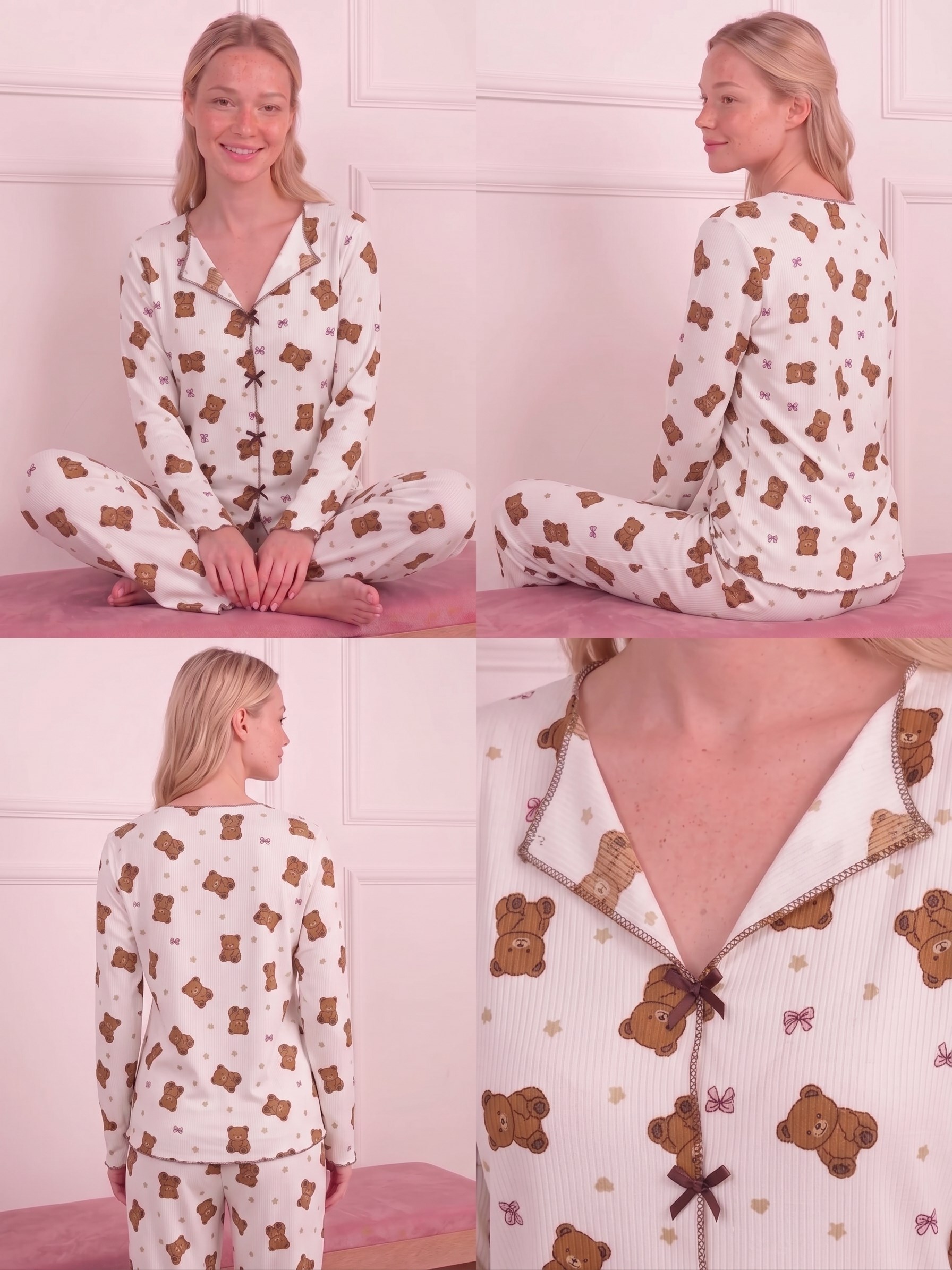 Kadın Kurdele Desenli Yarasa Yaka Uzun Kol Altı Uzun Kaşkorse Pijama Takımı