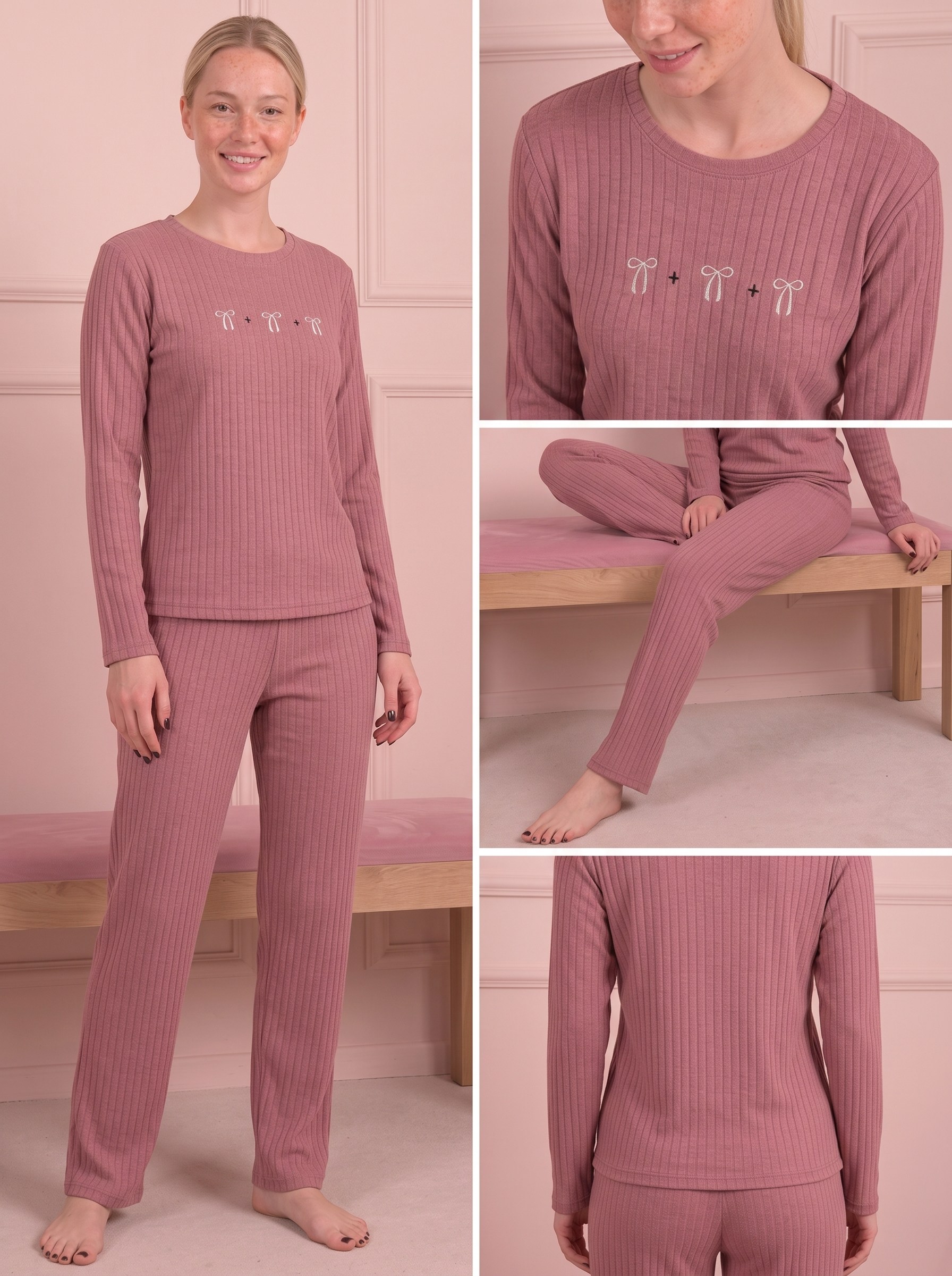 Kadın Kurdele İşlemeli Bisiklet Yaka Uzun Kol Altı Uzun Pamuklu Fitilli Pijama Takımı
