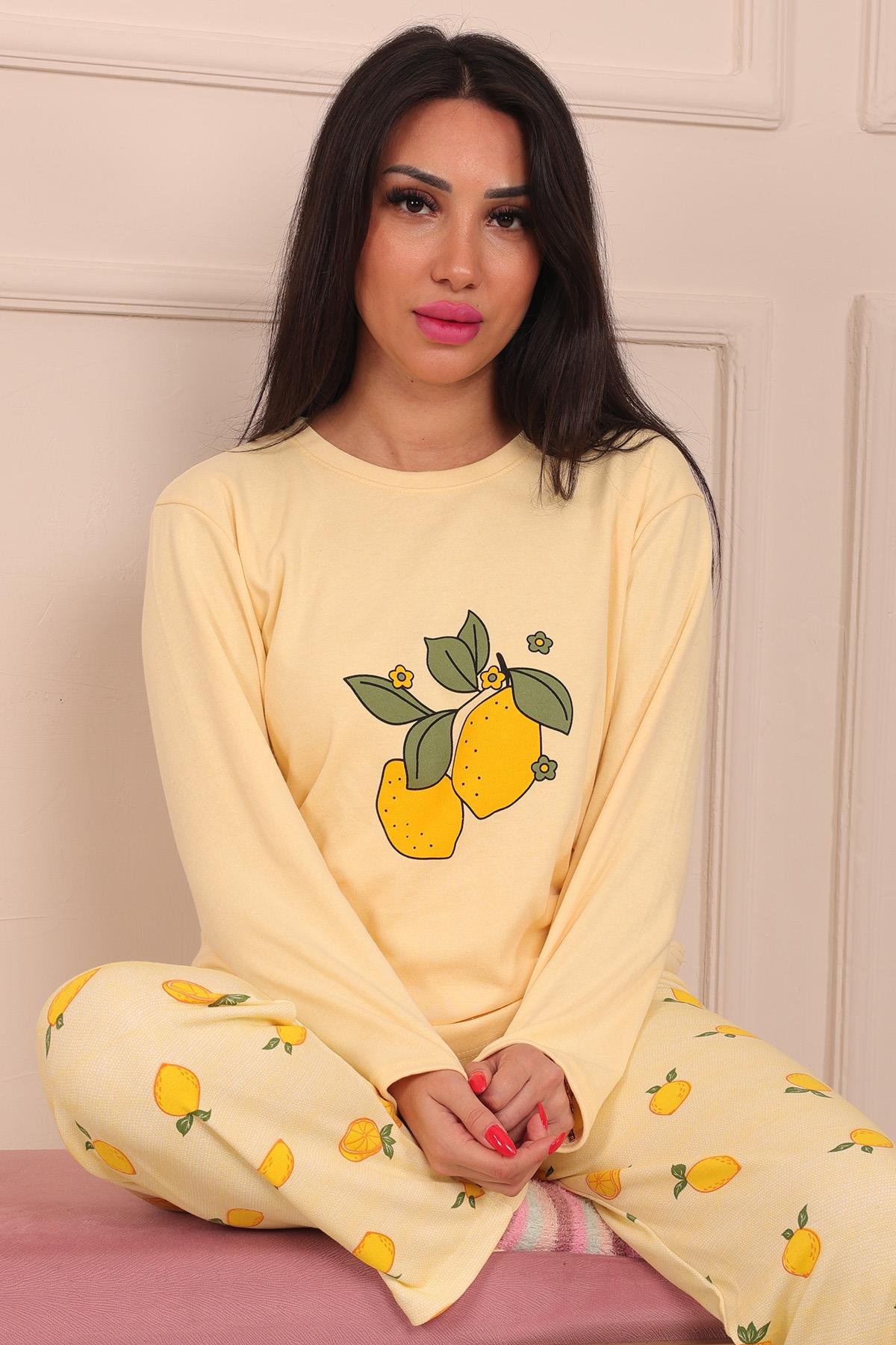 Kadın Lemon Sloganlı Bisiklet Yaka Uzun Kol Altı Uzun Penye Pijama Takımı
