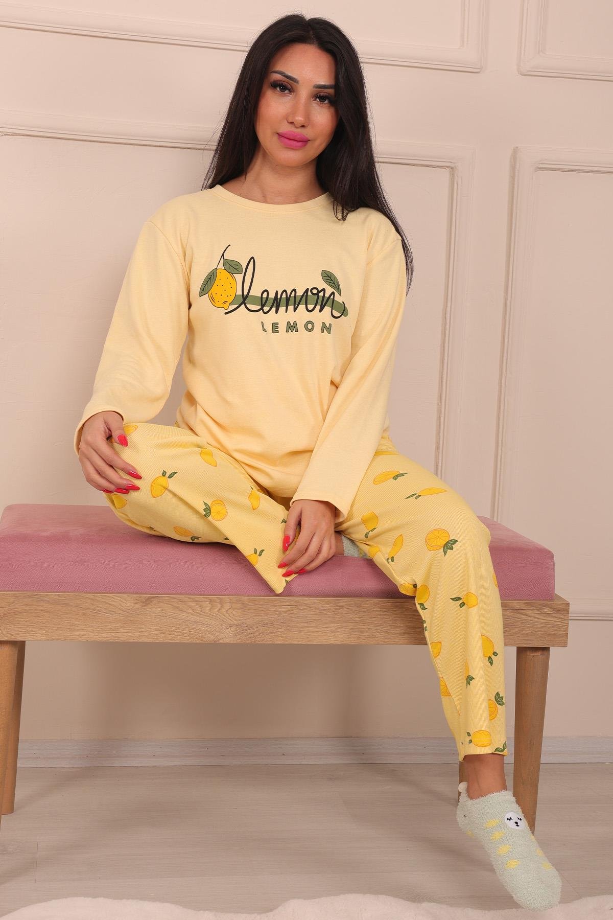 Kadın Lemon Sloganlı Bisiklet Yaka Uzun Kol Altı Uzun Penye Pijama Takımı