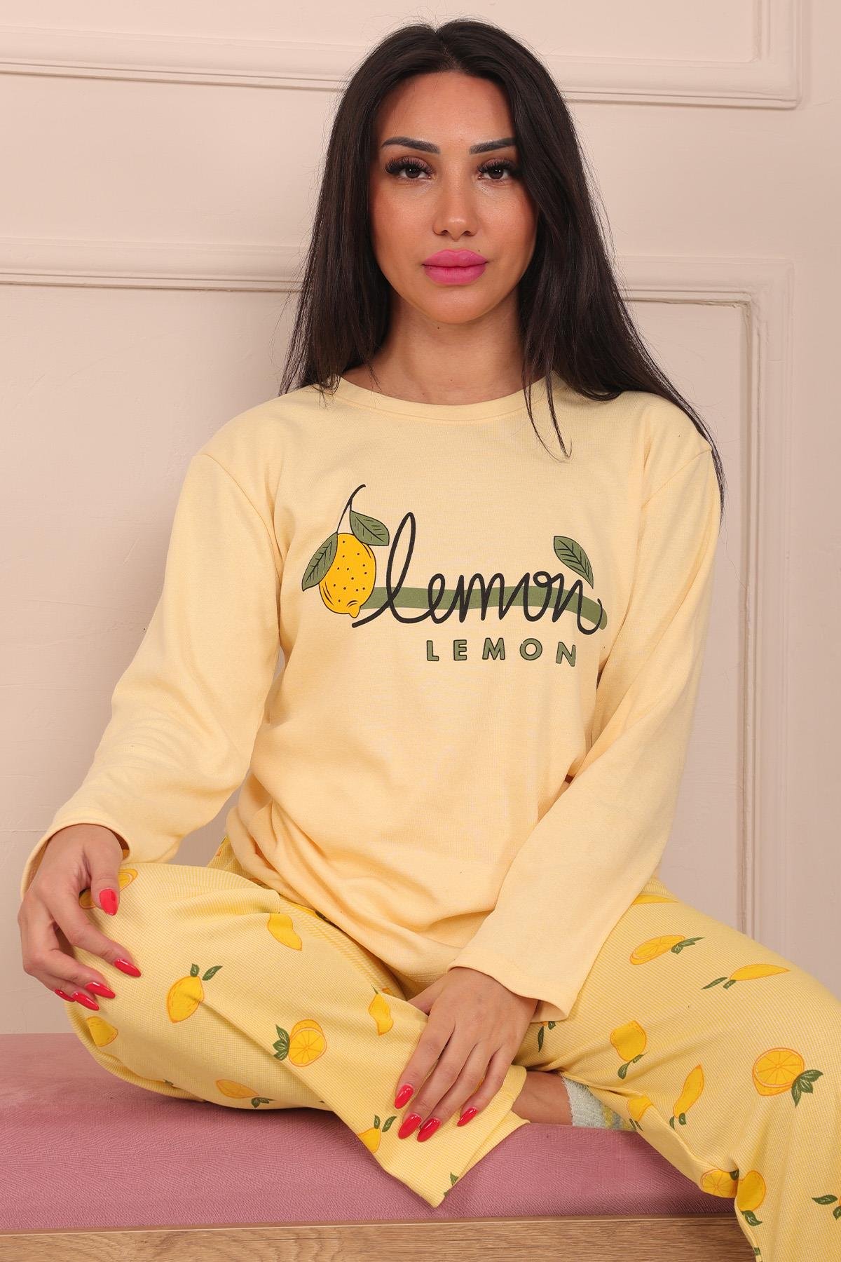 Kadın Lemon Sloganlı Bisiklet Yaka Uzun Kol Altı Uzun Penye Pijama Takımı