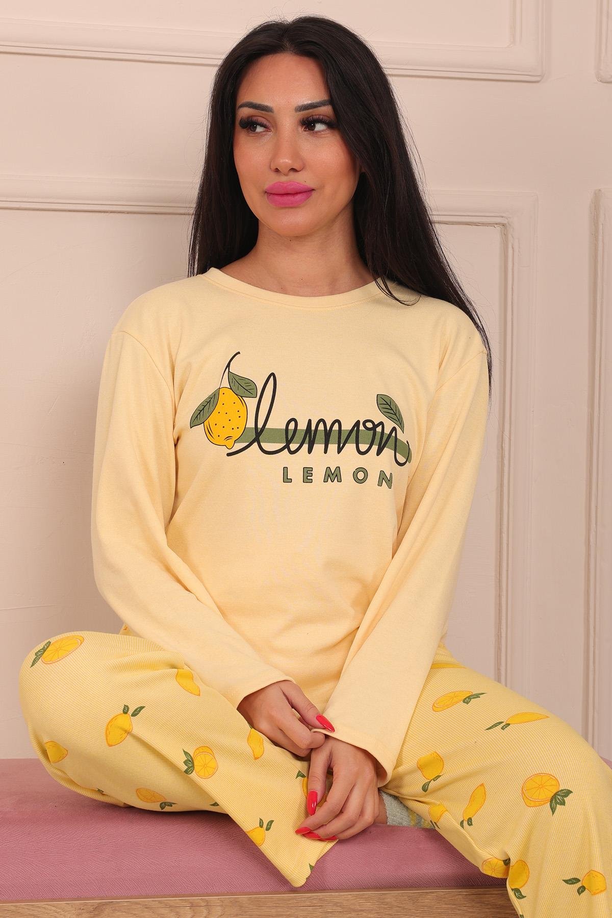 Kadın Lemon Sloganlı Bisiklet Yaka Uzun Kol Altı Uzun Penye Pijama Takımı