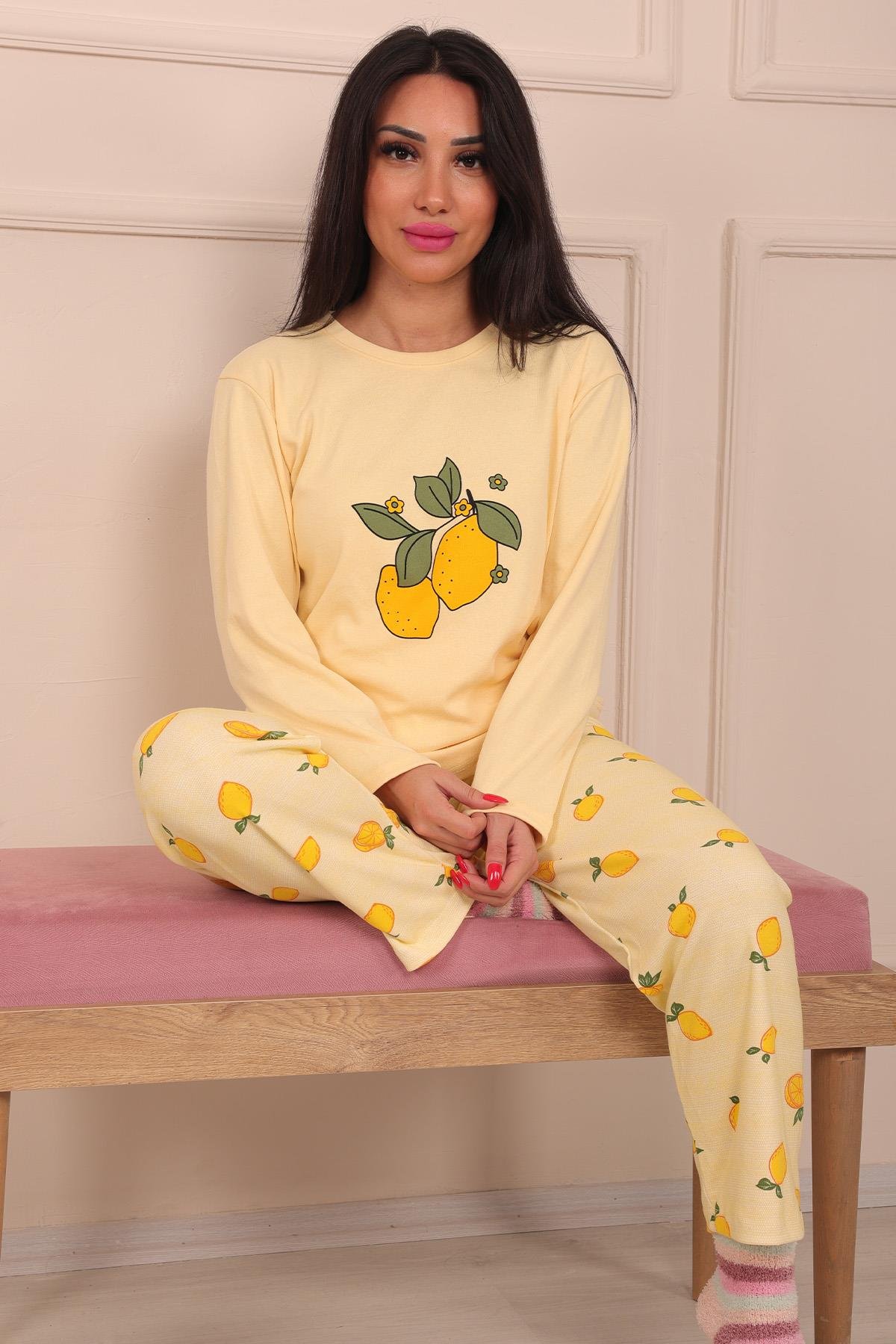 Kadın Lemon Sloganlı Bisiklet Yaka Uzun Kol Altı Uzun Penye Pijama Takımı